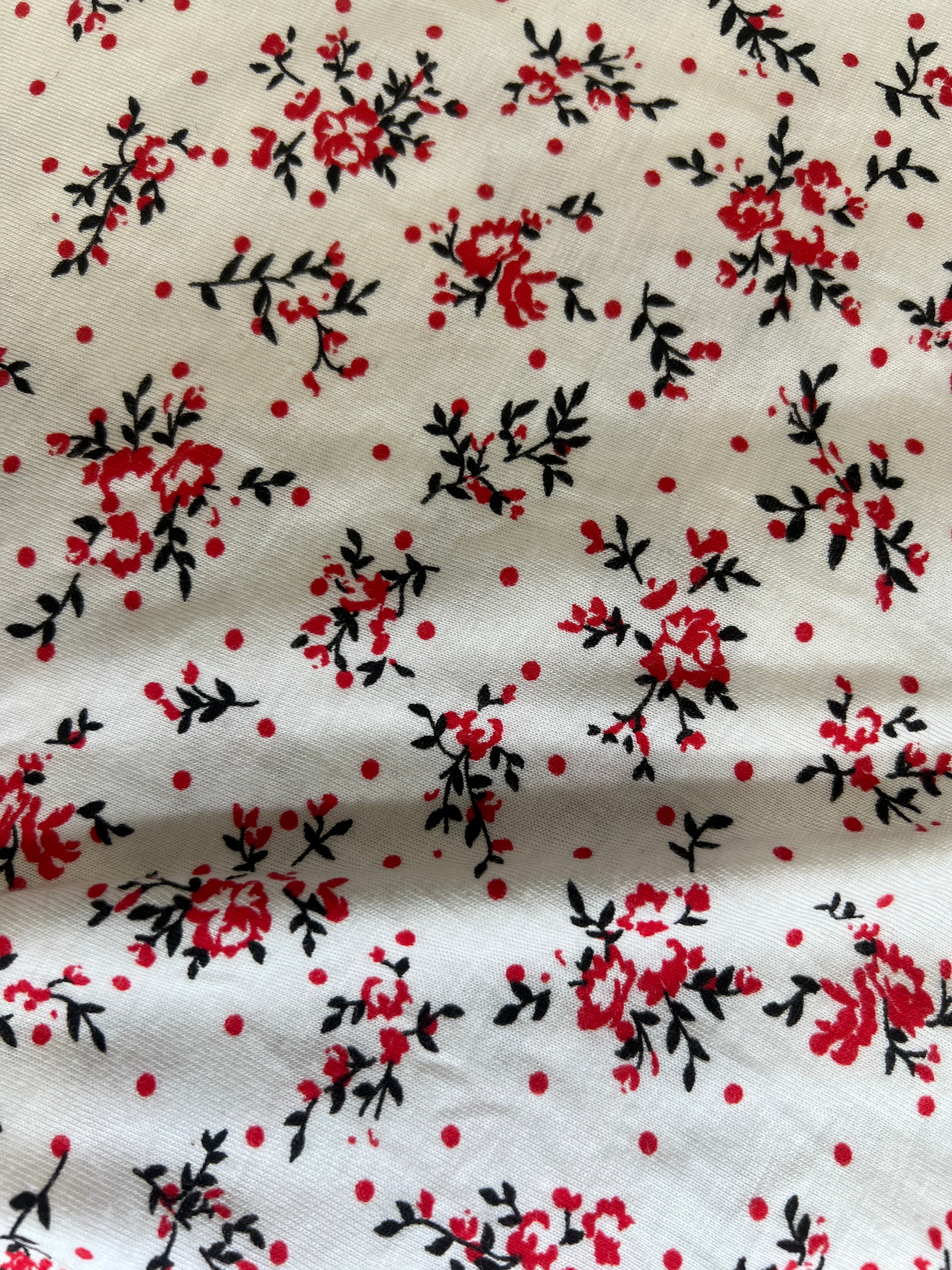Cream Floral Spun Polyester Jersey Fabric – Red Roses & Polka Dots 152cm
