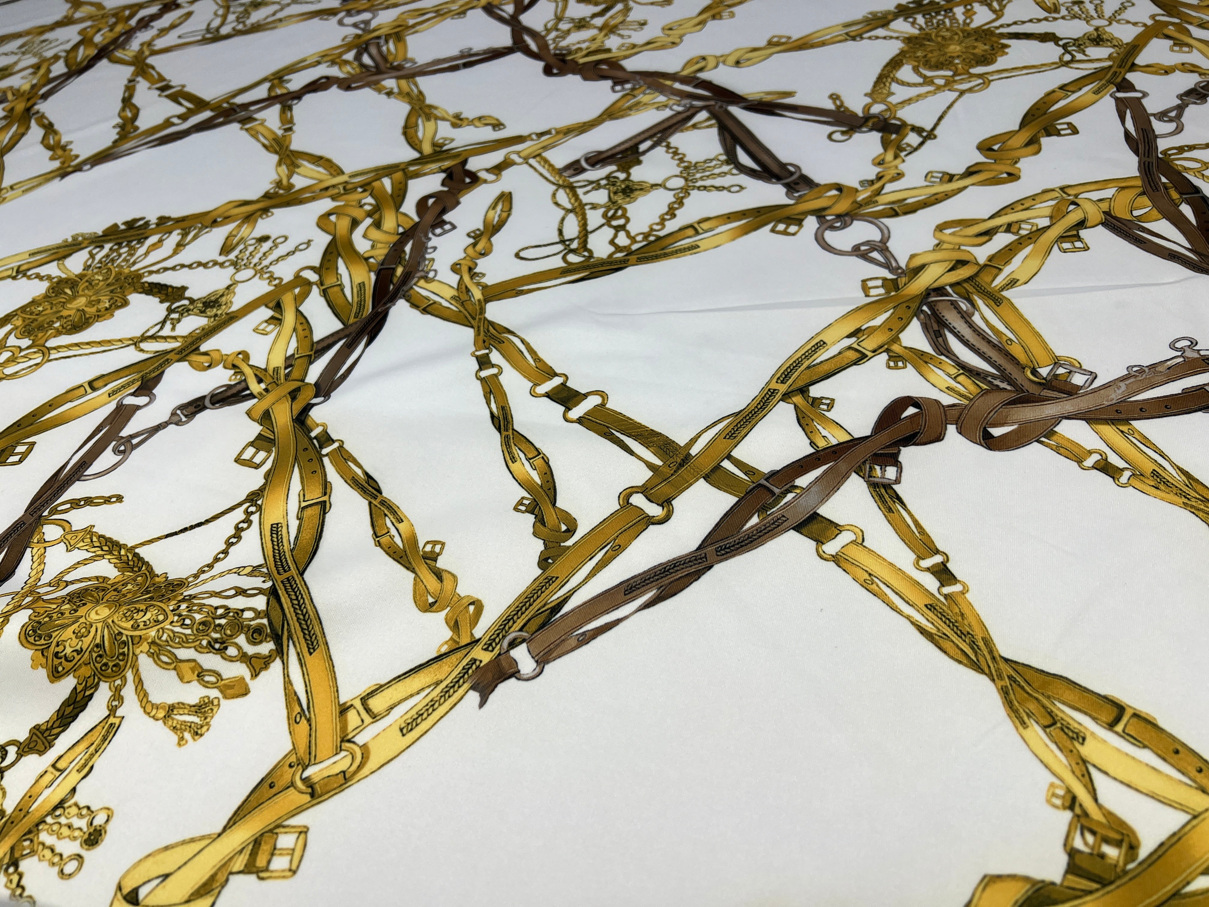 Dressmaking & Scarf Fabric – White & Gold Chain Print Designer Style – 153cm