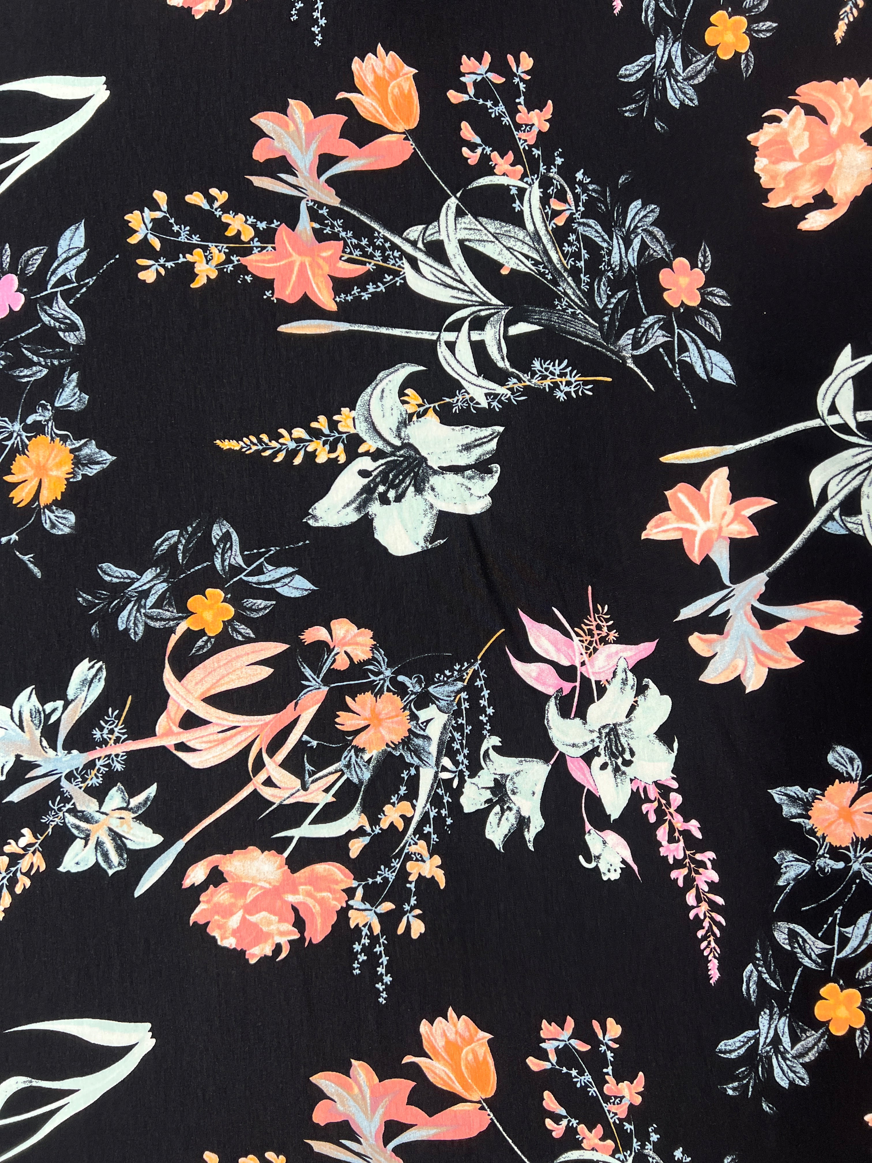 Dressmaking & Jersey Fabric – Black Floral Stretch Knit with Peach & Pink Blossoms – 173cm