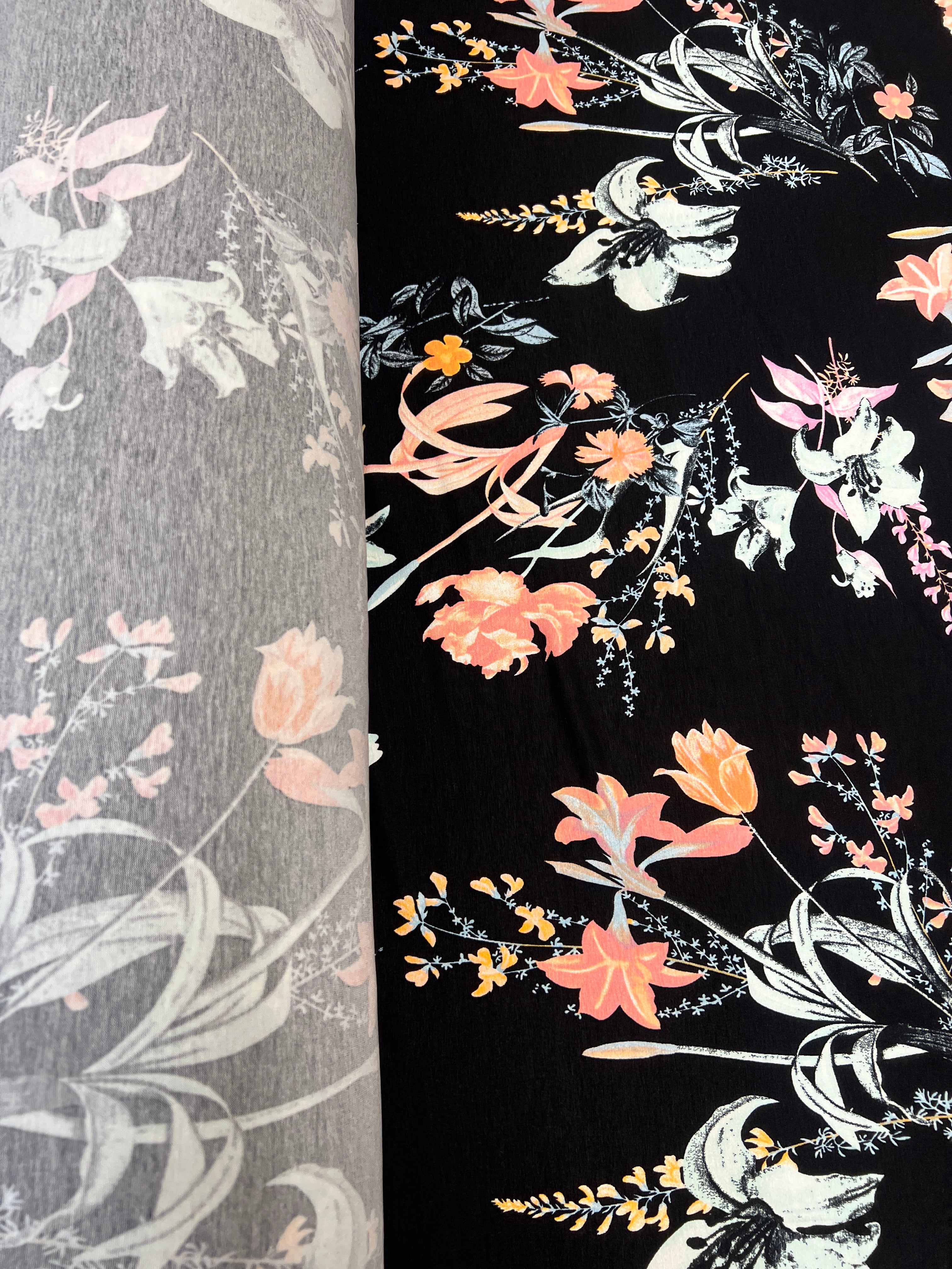 Dressmaking & Jersey Fabric – Black Floral Stretch Knit with Peach & Pink Blossoms – 173cm