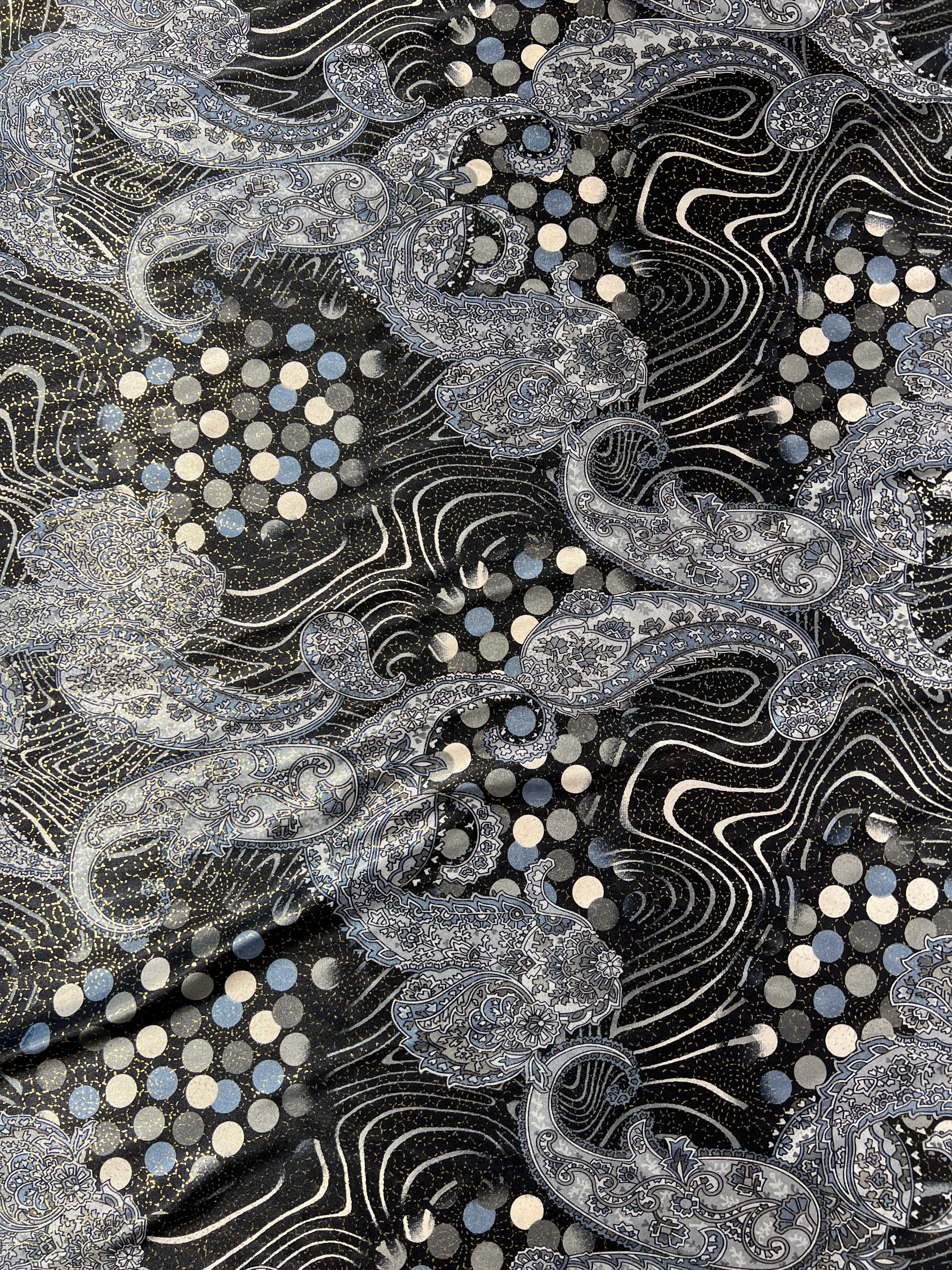 Dressmaking & Occasion Fabric – Metallic Paisley Satin with Silver & Blue Tones – 144cm