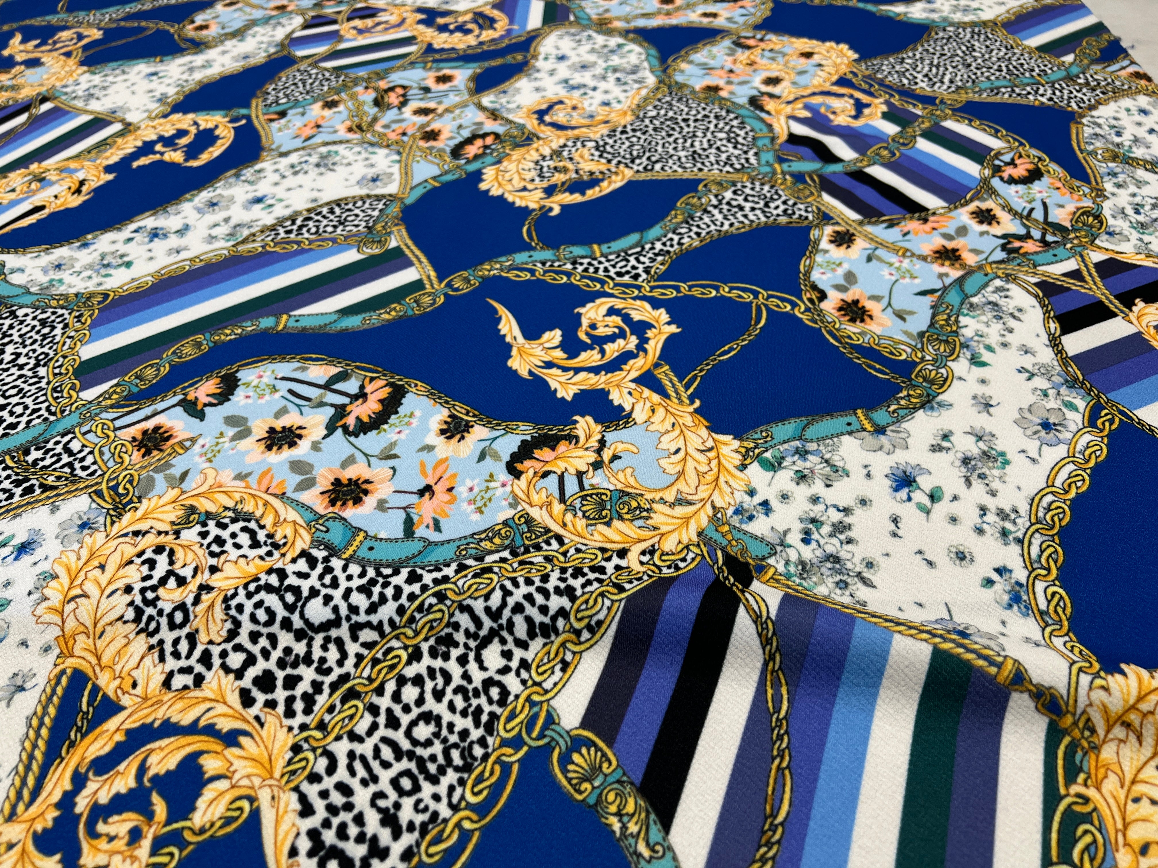 Dressmaking & Statement Fabric – Baroque Chain Leopard Crepe with Blue Floral Stripes – 151cm