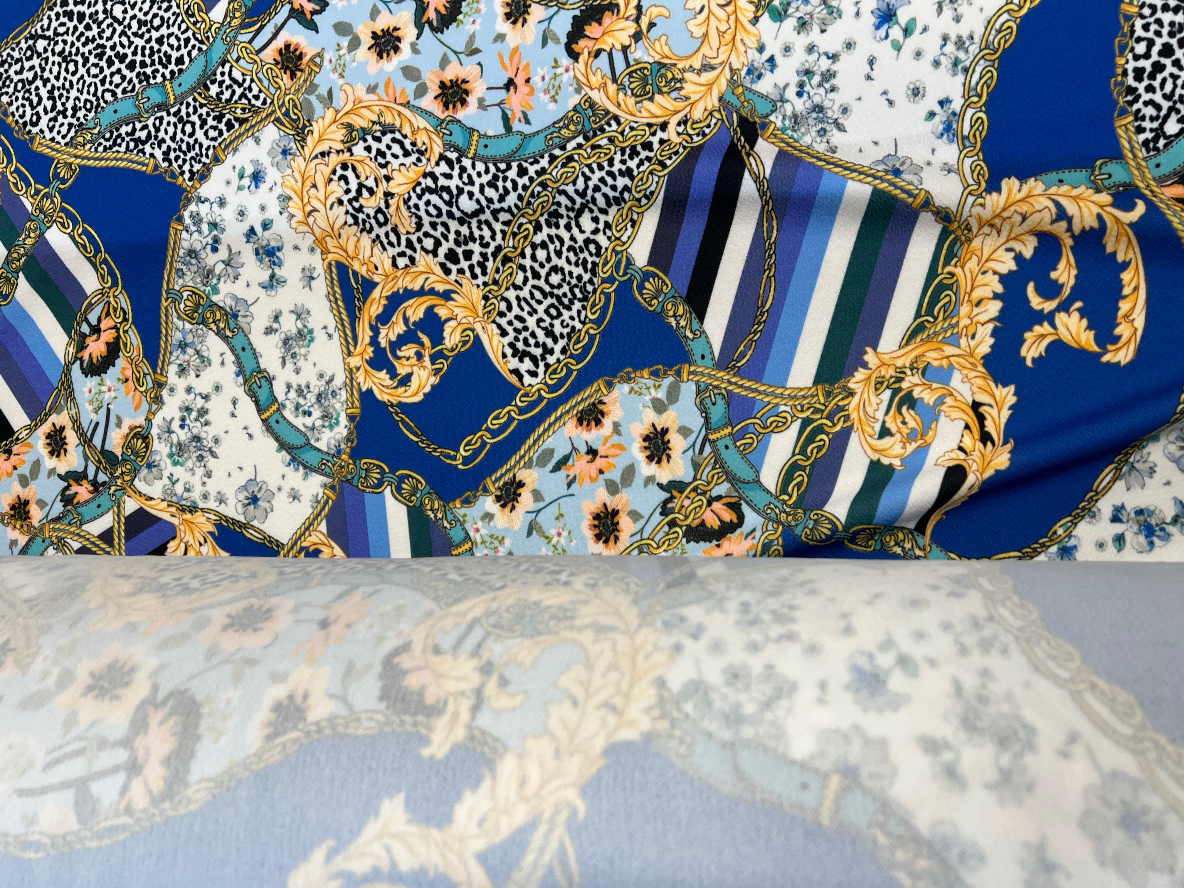 Dressmaking & Statement Fabric – Baroque Chain Leopard Crepe with Blue Floral Stripes – 151cm