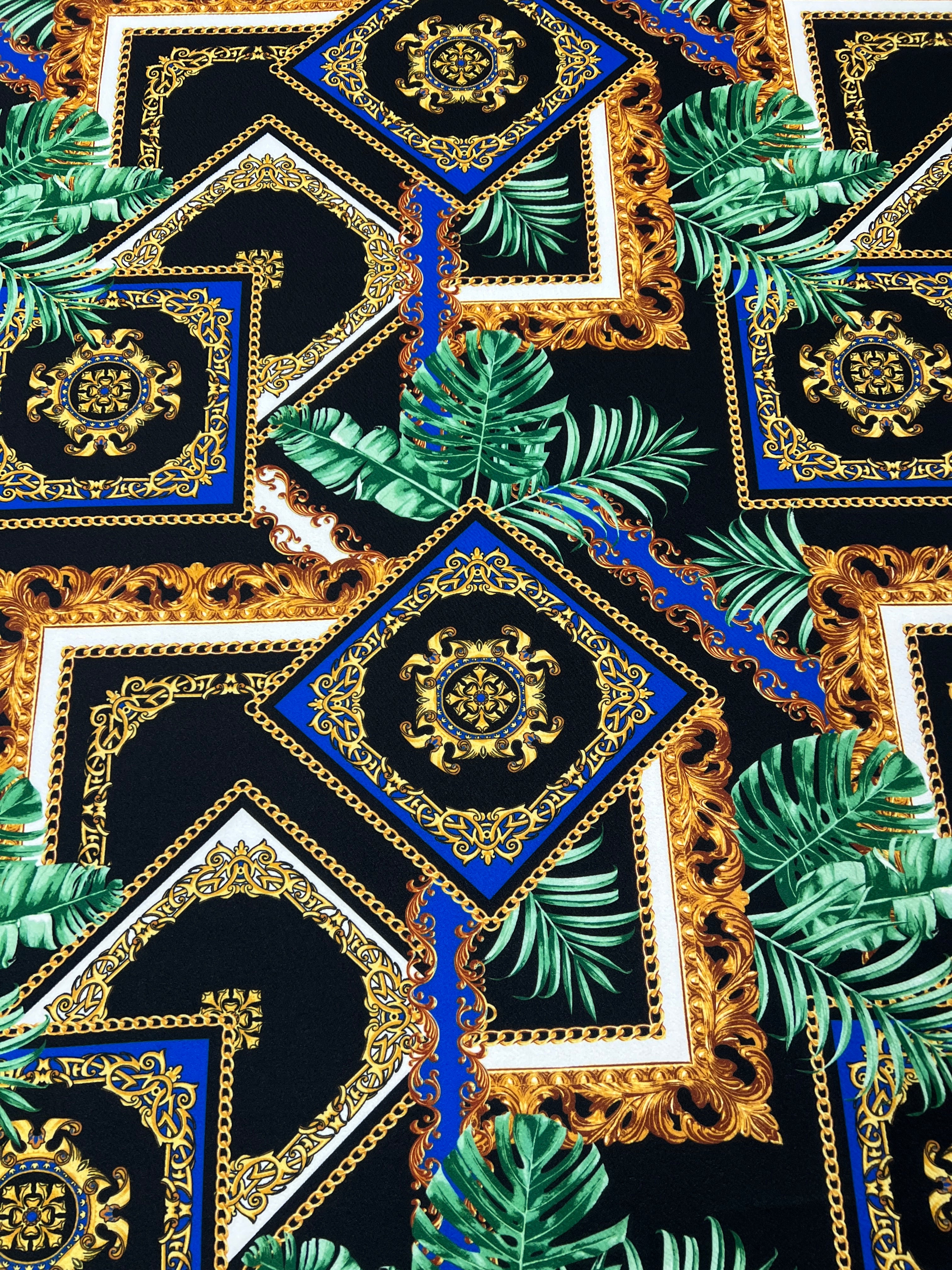 Dressmaking & Statement Wear Fabric – Baroque Tropical Chain Liverpool Fabric with Royal Blue & Gold Palm Print – 149cm