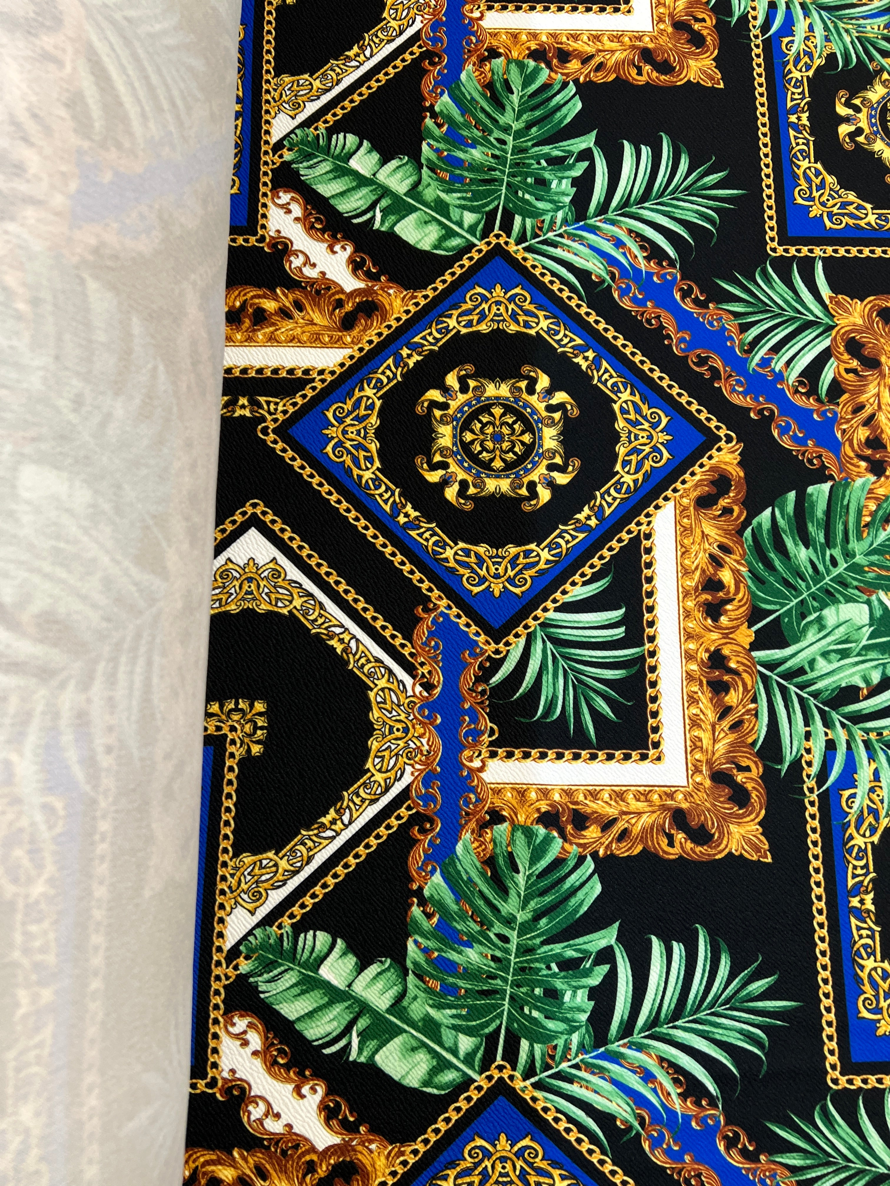 Dressmaking & Statement Wear Fabric – Baroque Tropical Chain Liverpool Fabric with Royal Blue & Gold Palm Print – 149cm