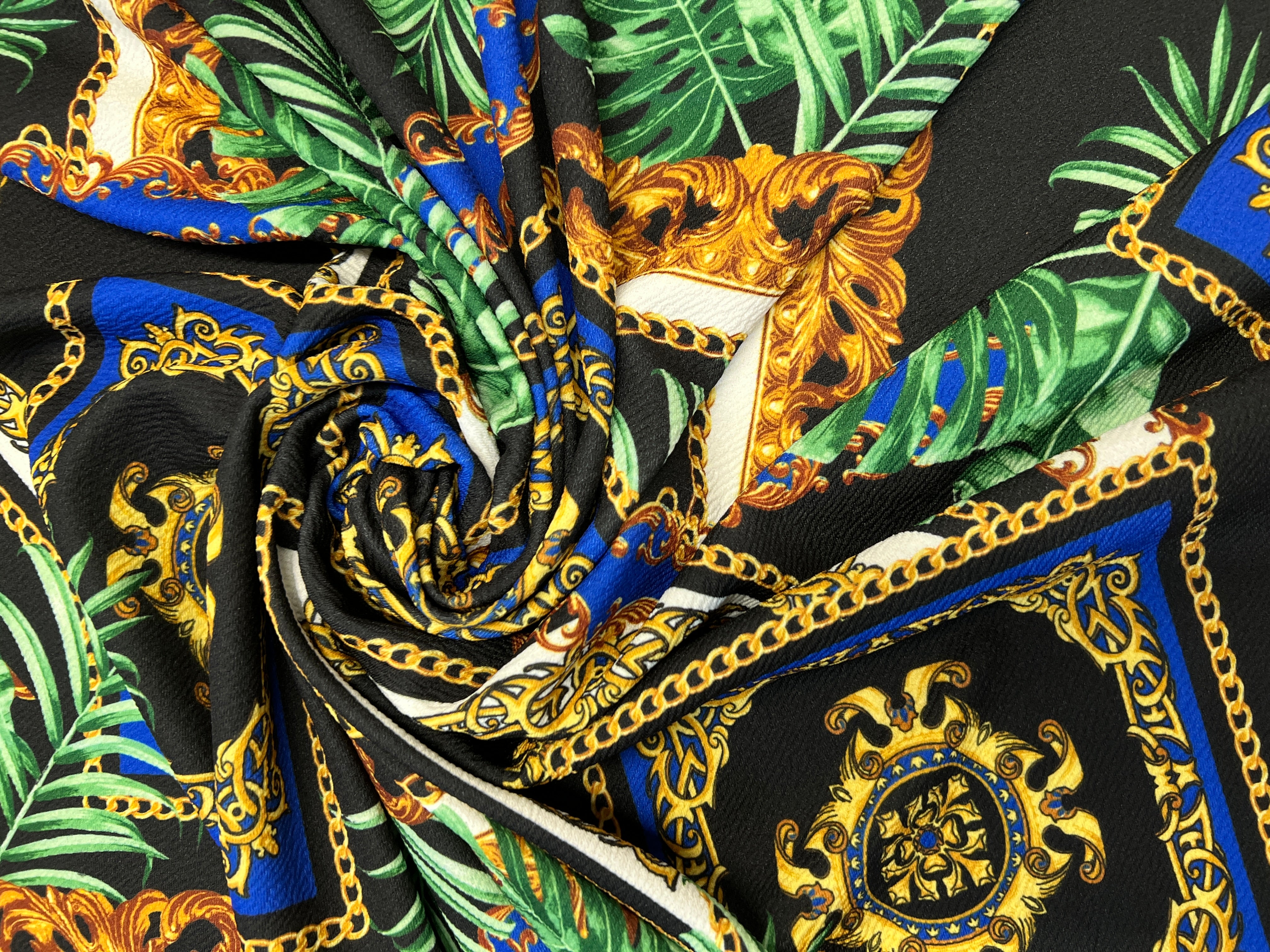 Dressmaking & Statement Wear Fabric – Baroque Tropical Chain Liverpool Fabric with Royal Blue & Gold Palm Print – 149cm