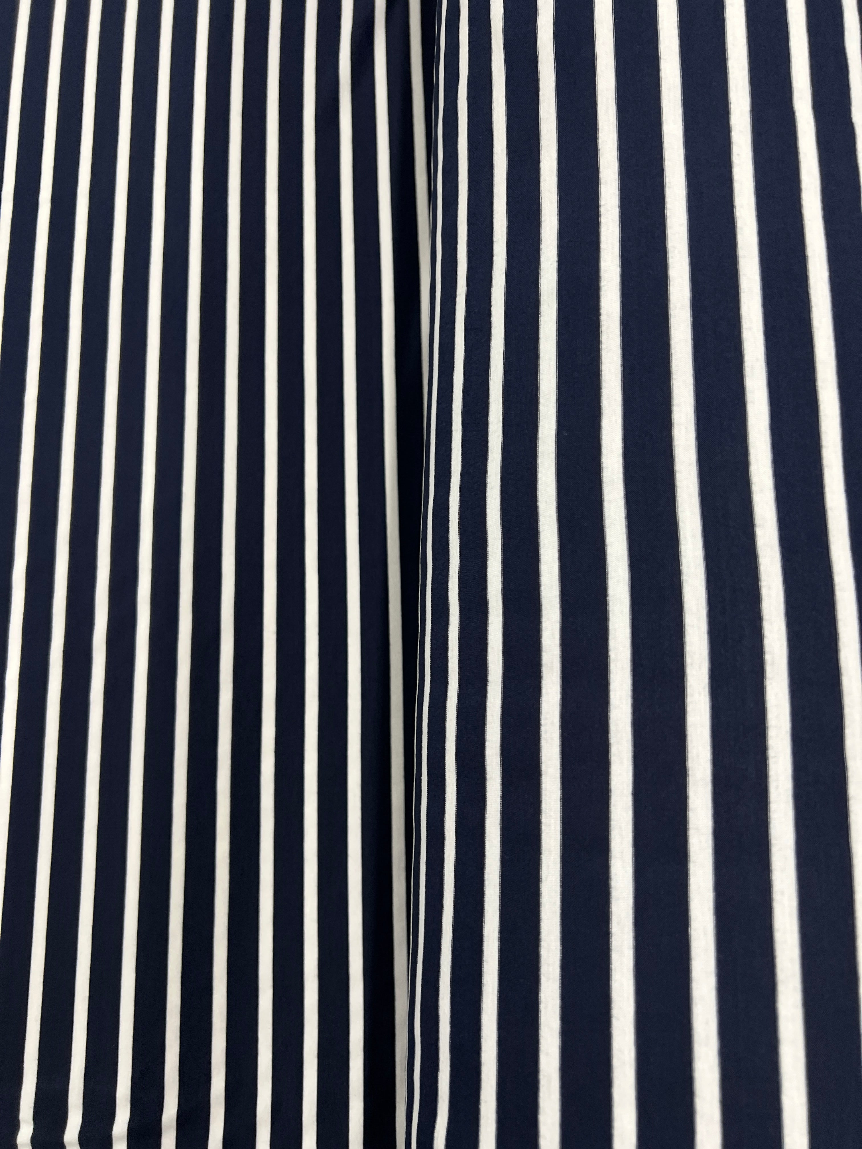 Close-up of navy and white striped fabric