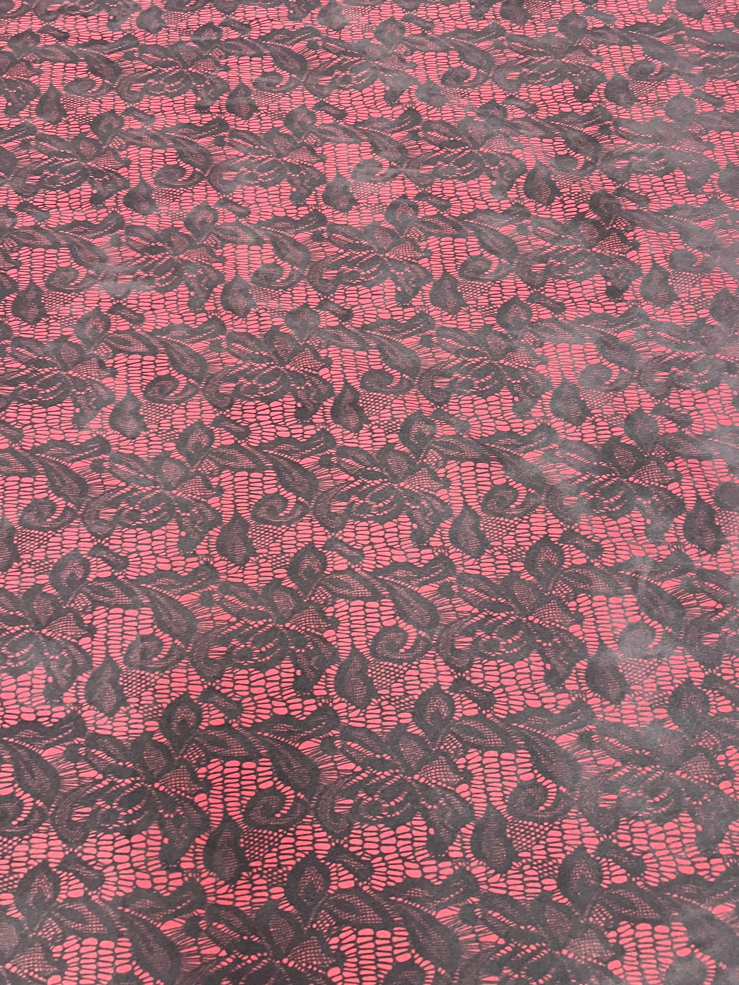 Stretch Jersey Knit for Tops & Dresses – Red Black Lace Print, 150cm Wide