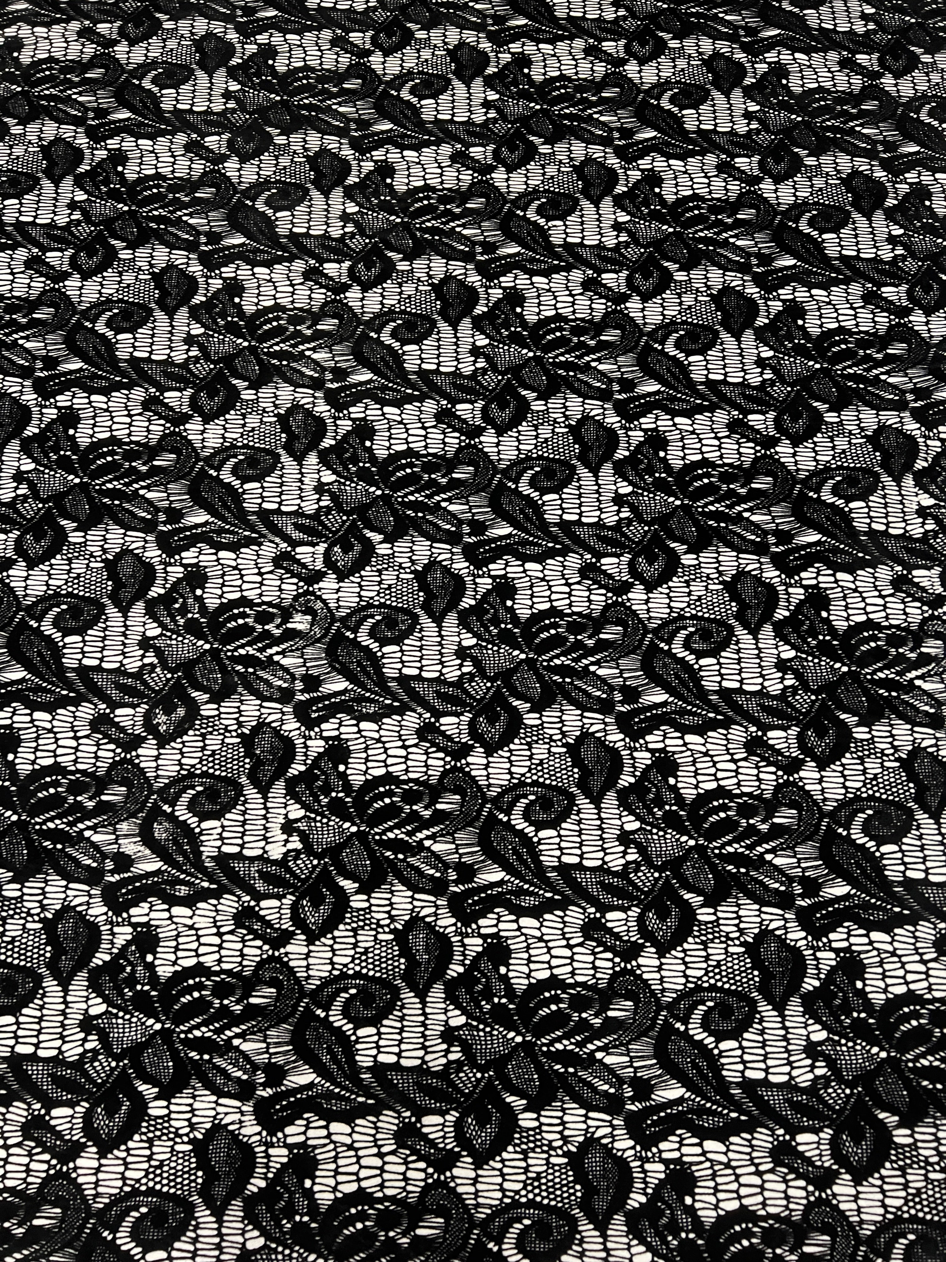 Stretch Jersey Knit for Tops & Dresses – Black Lace Print, 148cm Wide