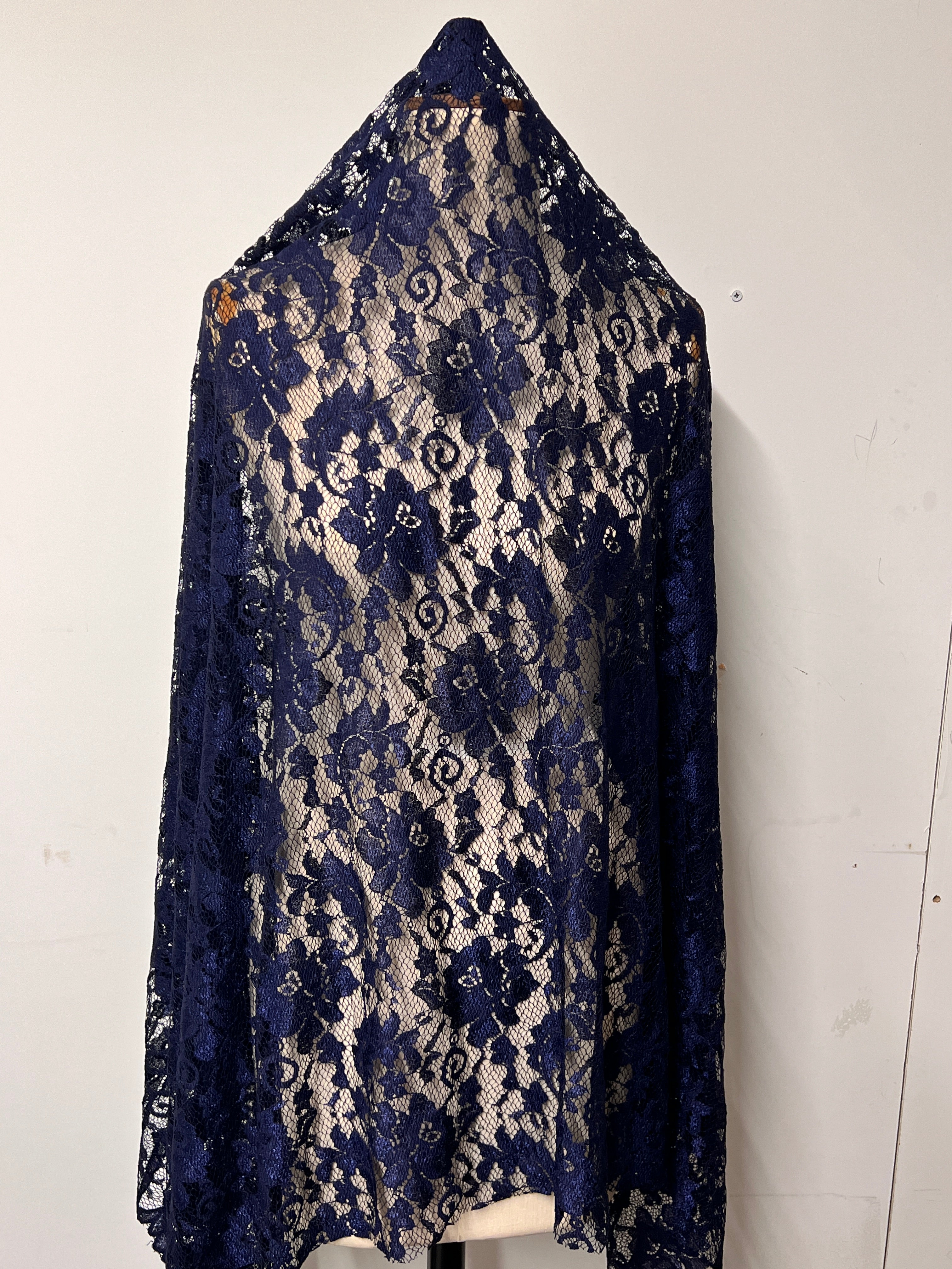 Blue lace fabric on a white background