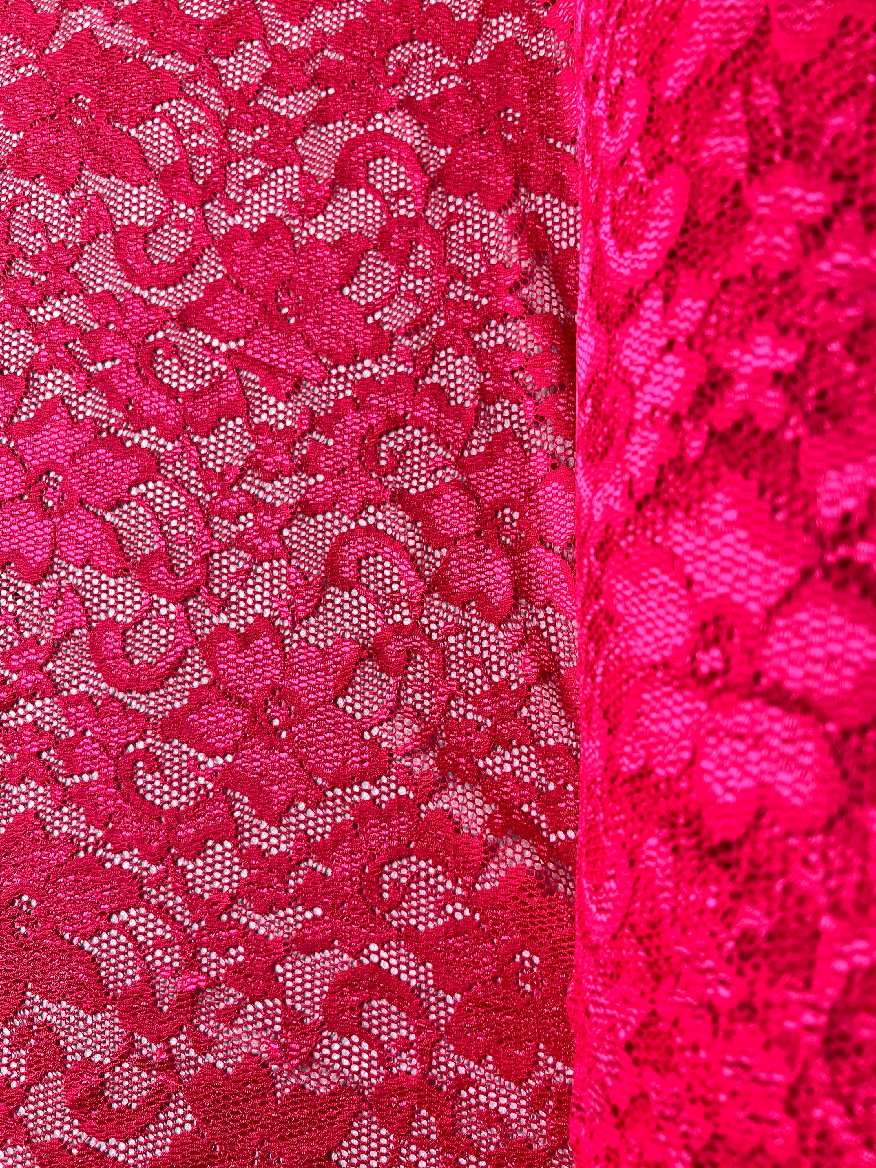 Close-up of pink lace fabric with a floral pattern