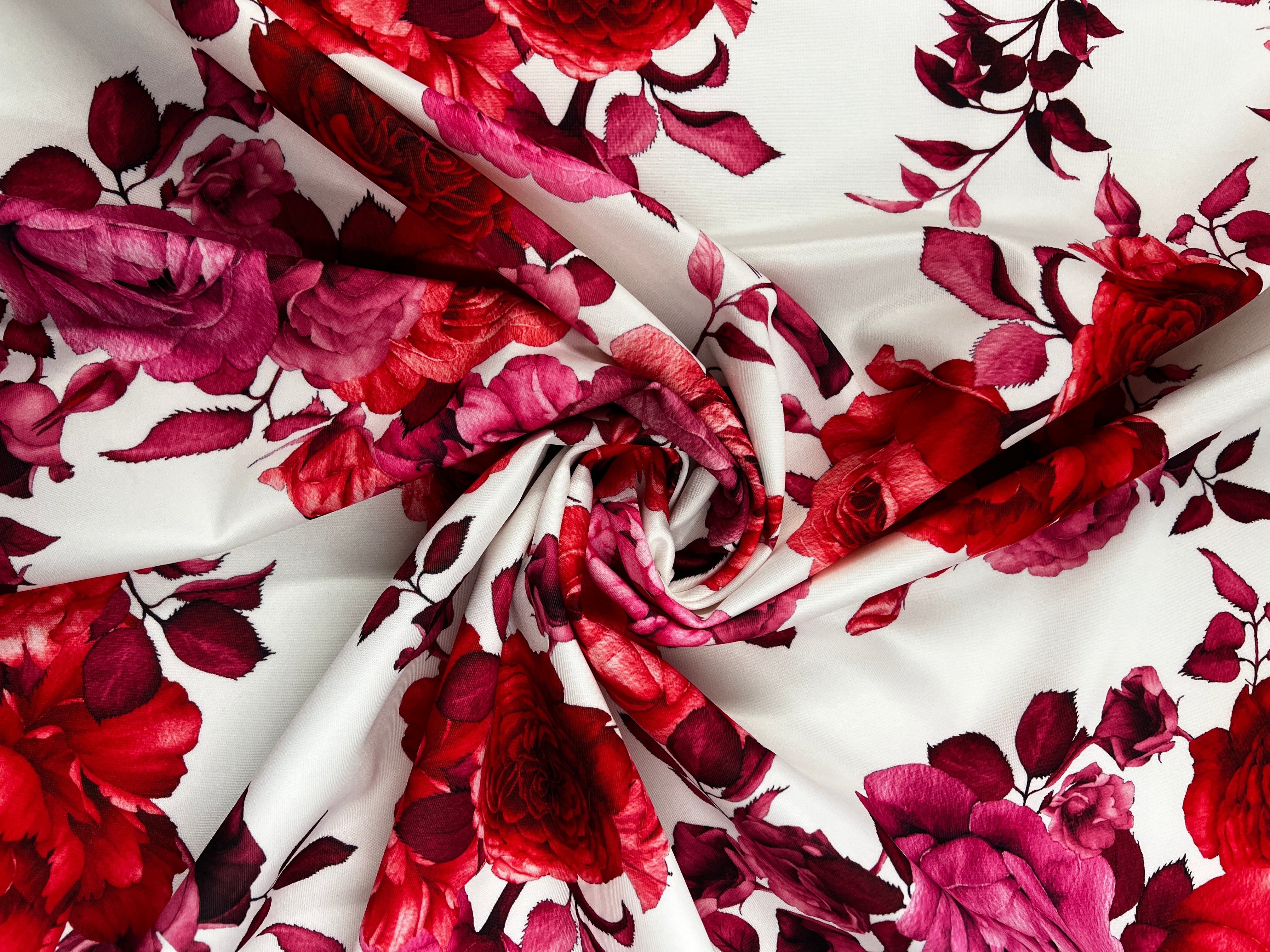 White & Red Floral Rose Print Scuba Fabric – 150cm Wide