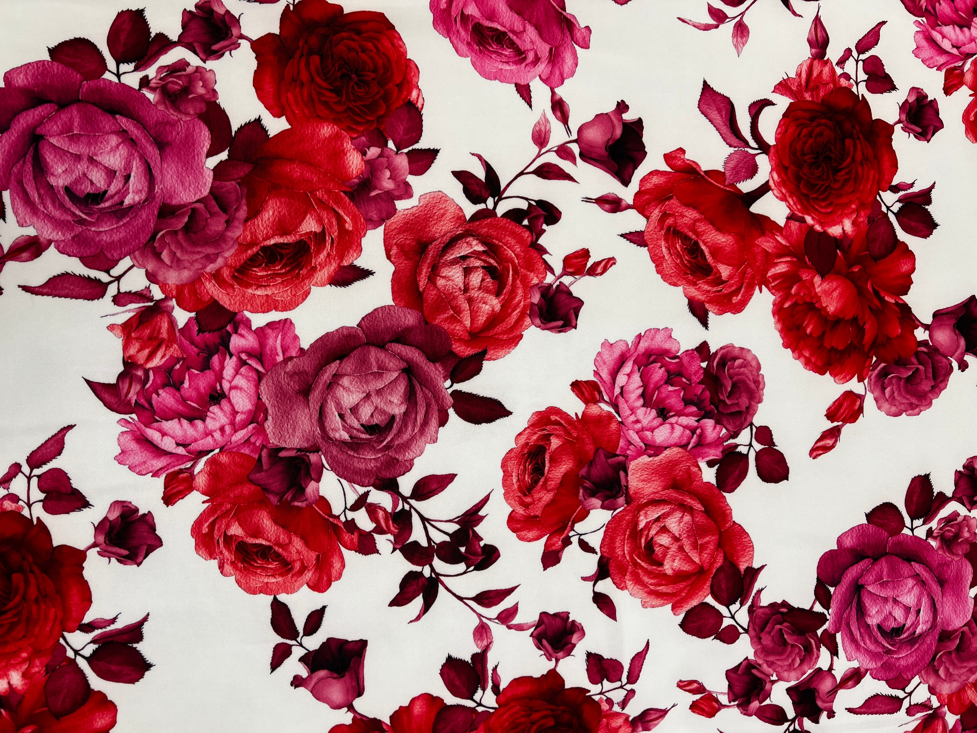 White & Red Floral Rose Print Scuba Fabric – 150cm Wide