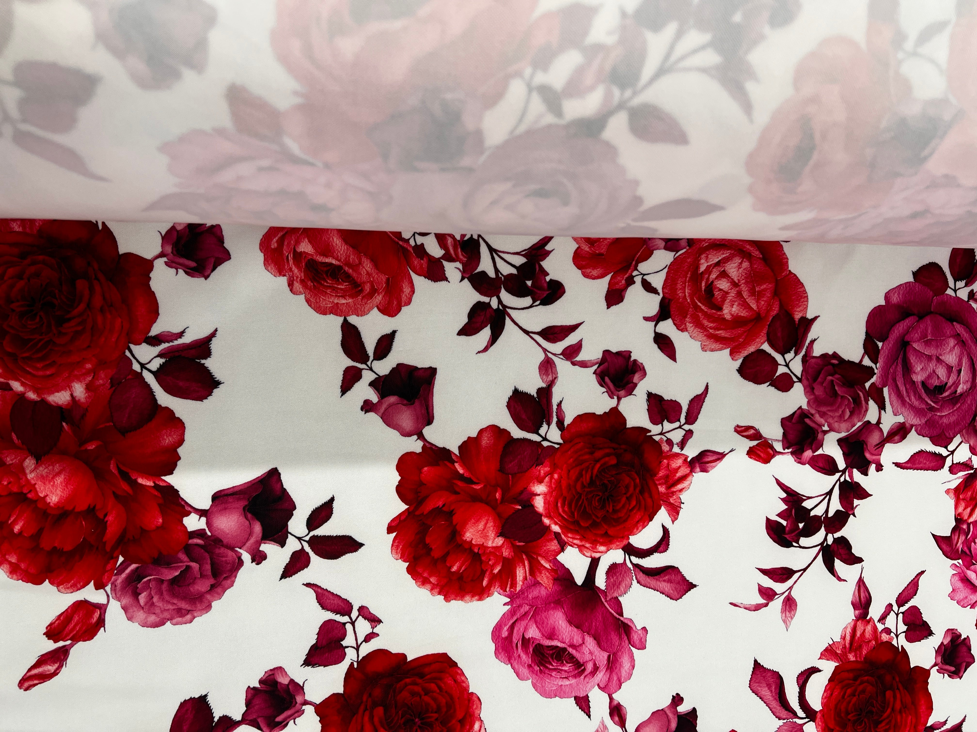 White & Red Floral Rose Print Scuba Fabric – 150cm Wide