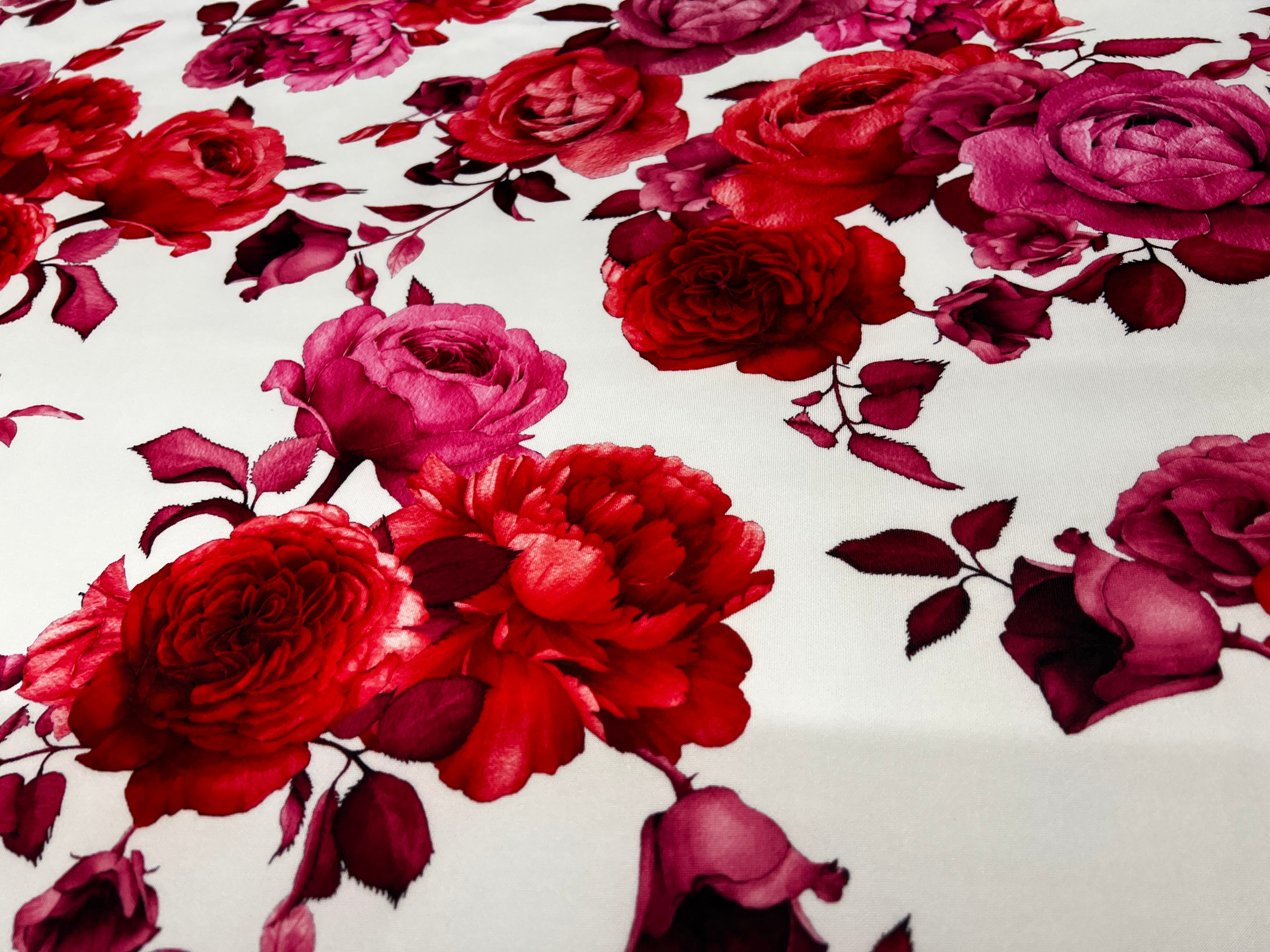 White & Red Floral Rose Print Scuba Fabric – 150cm Wide