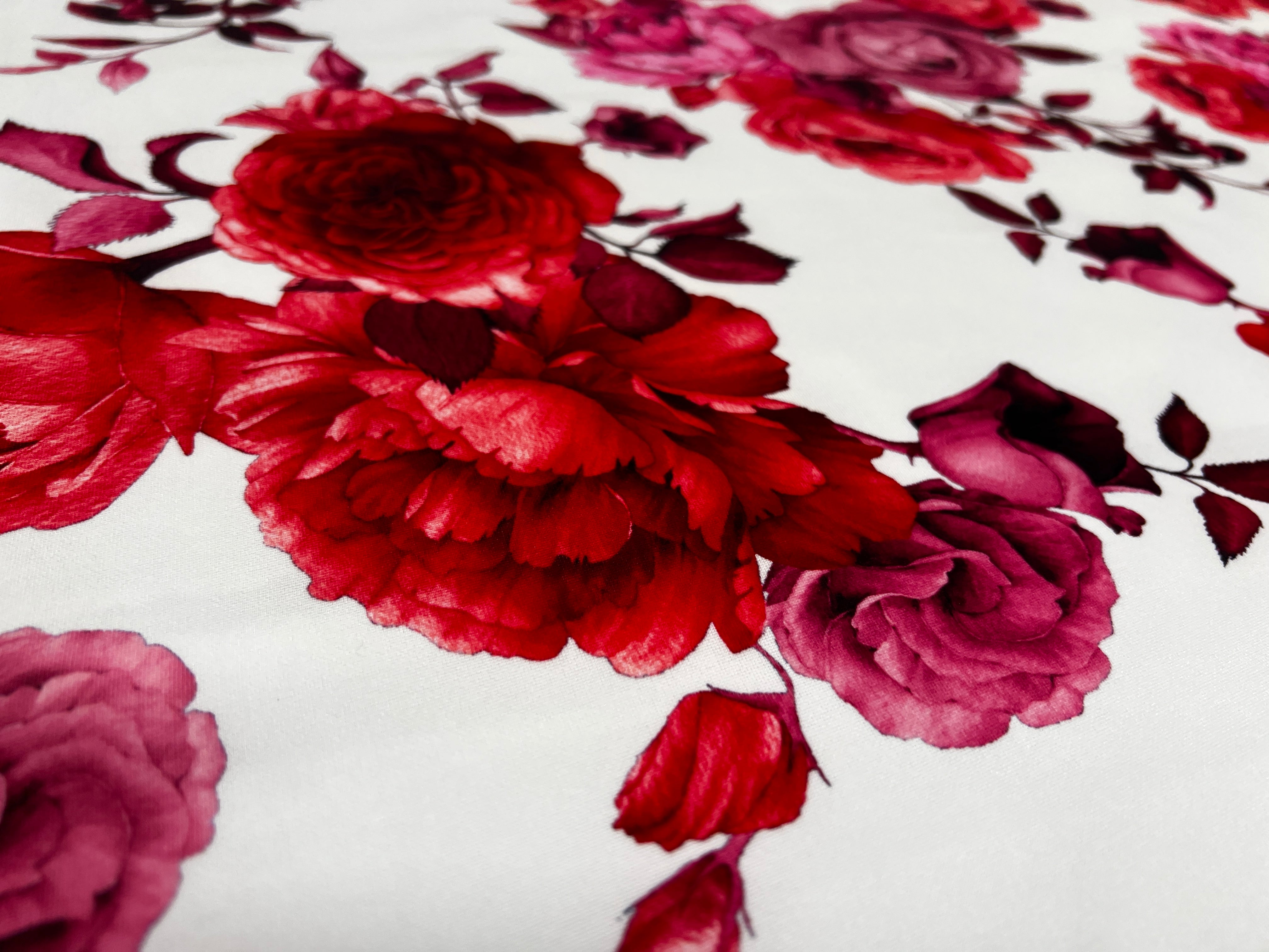White & Red Floral Rose Print Scuba Fabric – 150cm Wide
