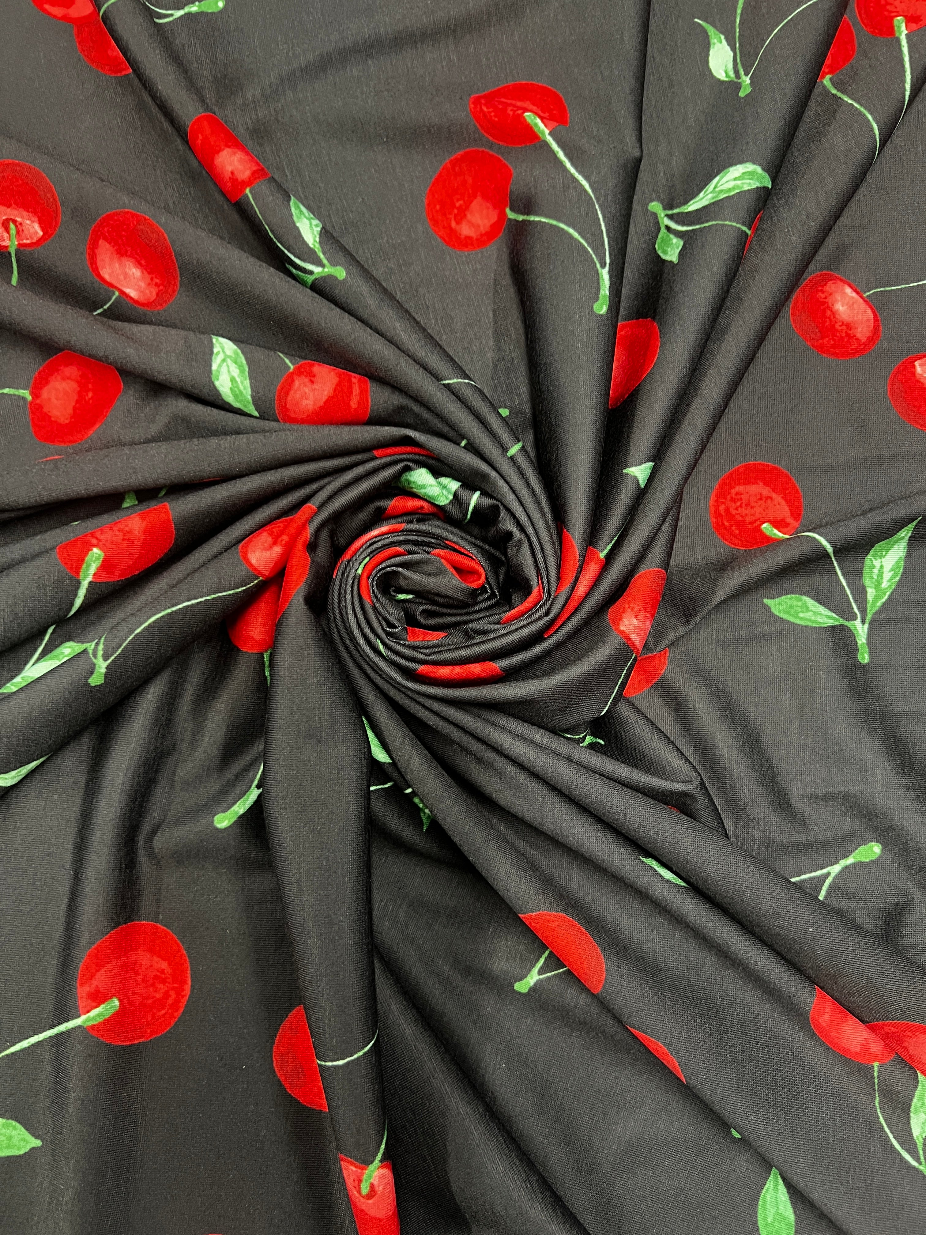 Black Cherry Print Spun Polyester Fabric 150cm