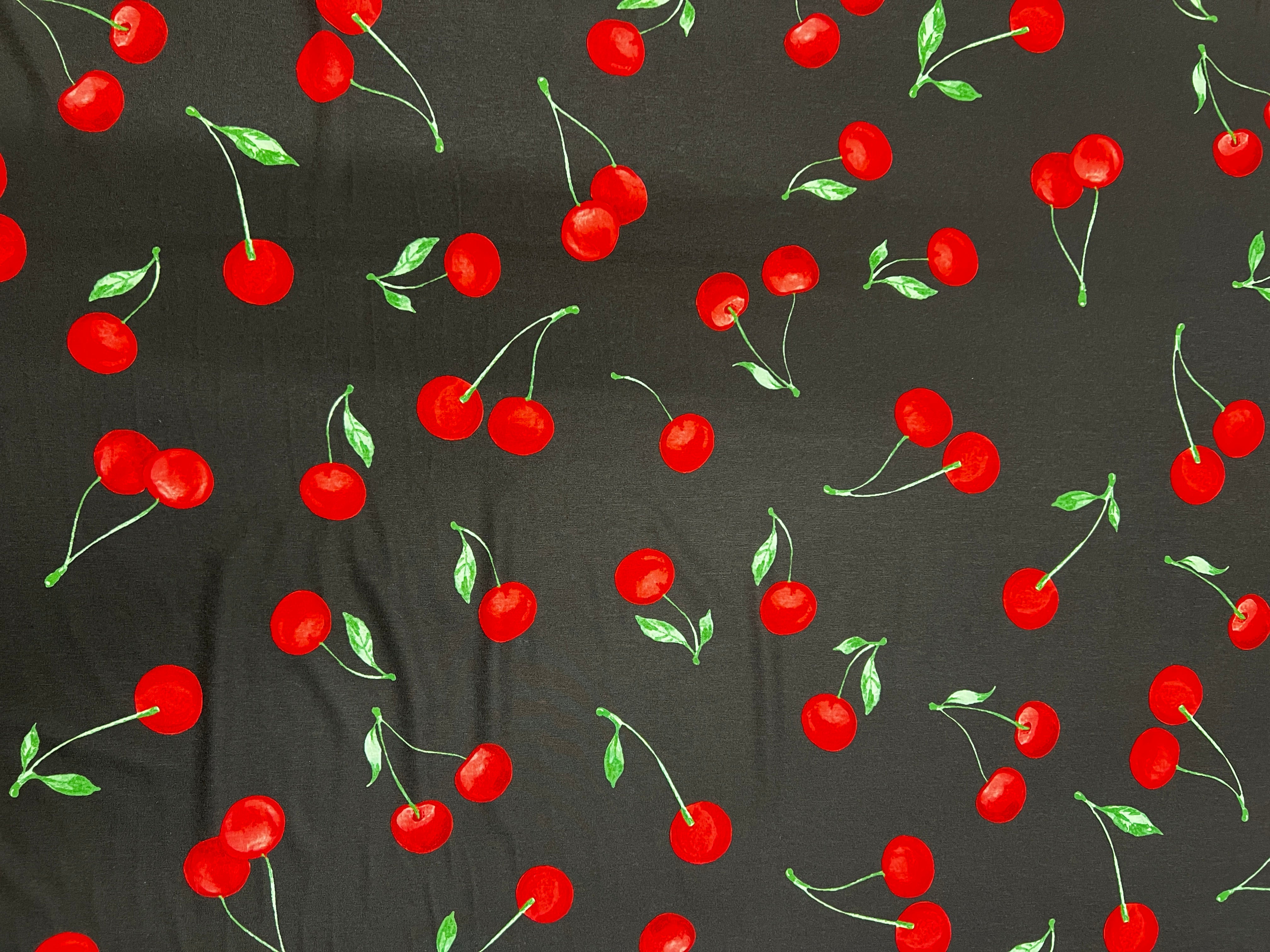 Black Cherry Print Spun Polyester Fabric 150cm
