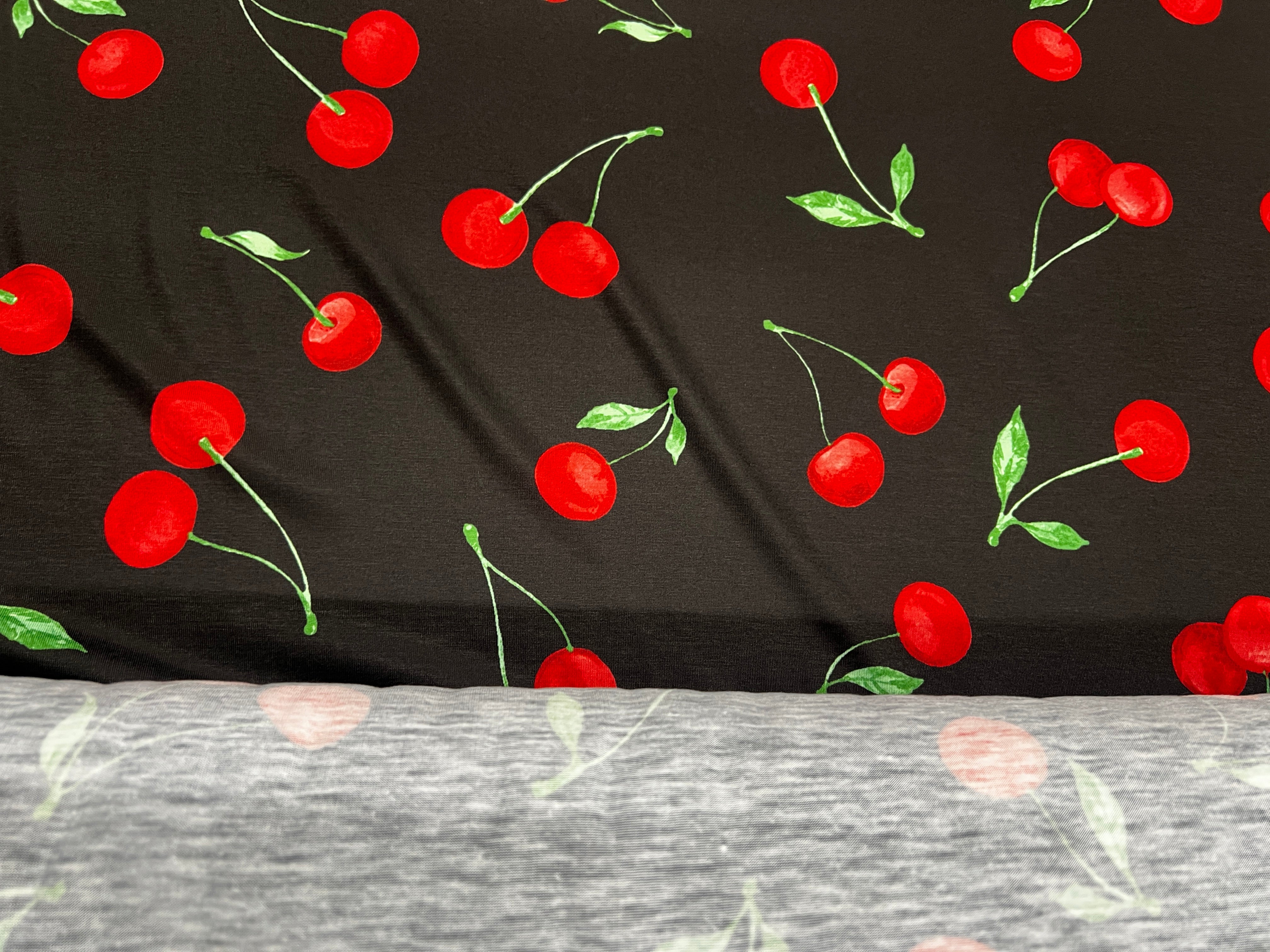 Black Cherry Print Spun Polyester Fabric 150cm