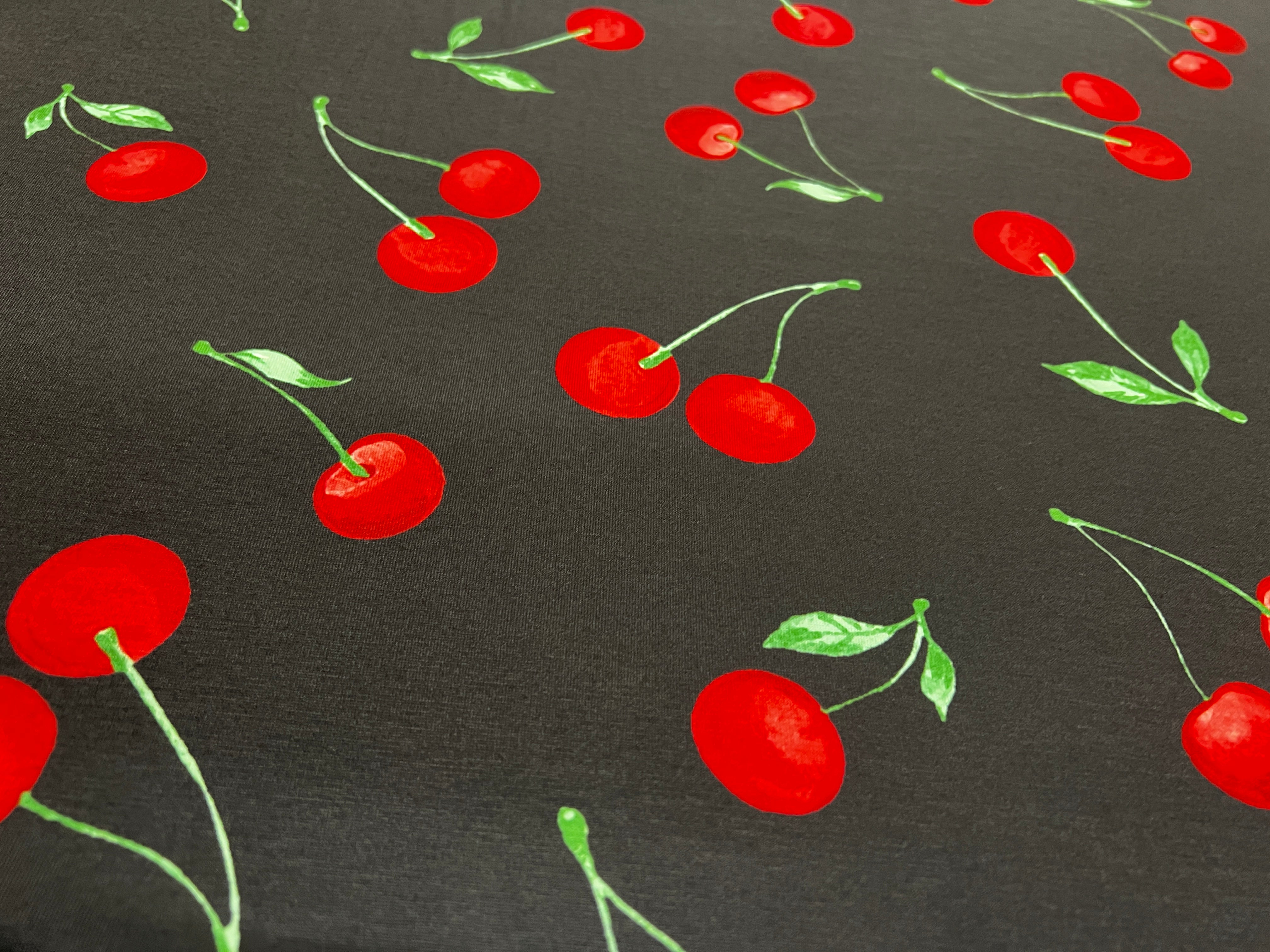 Black Cherry Print Spun Polyester Fabric 150cm