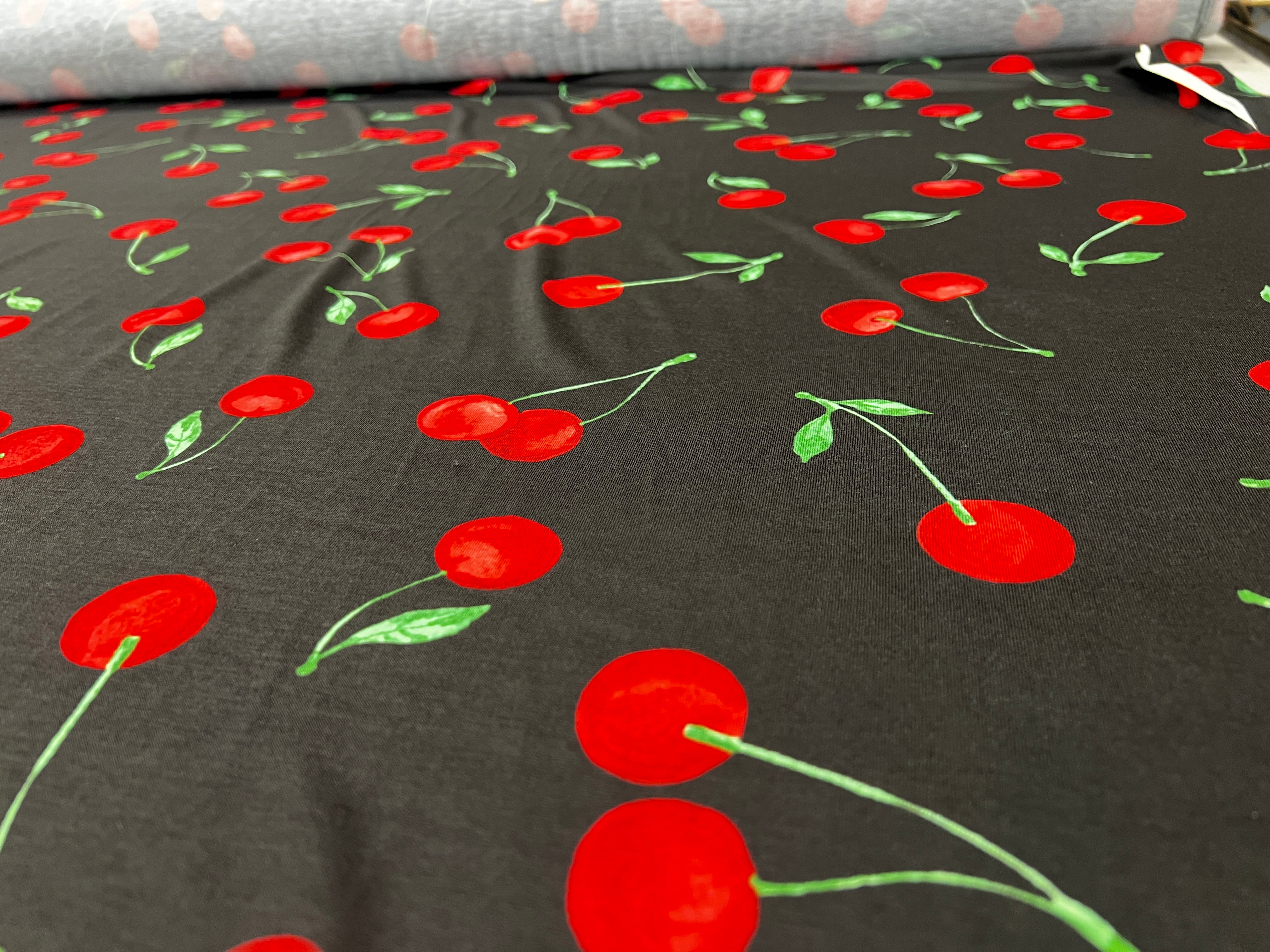 Black Cherry Print Spun Polyester Fabric 150cm