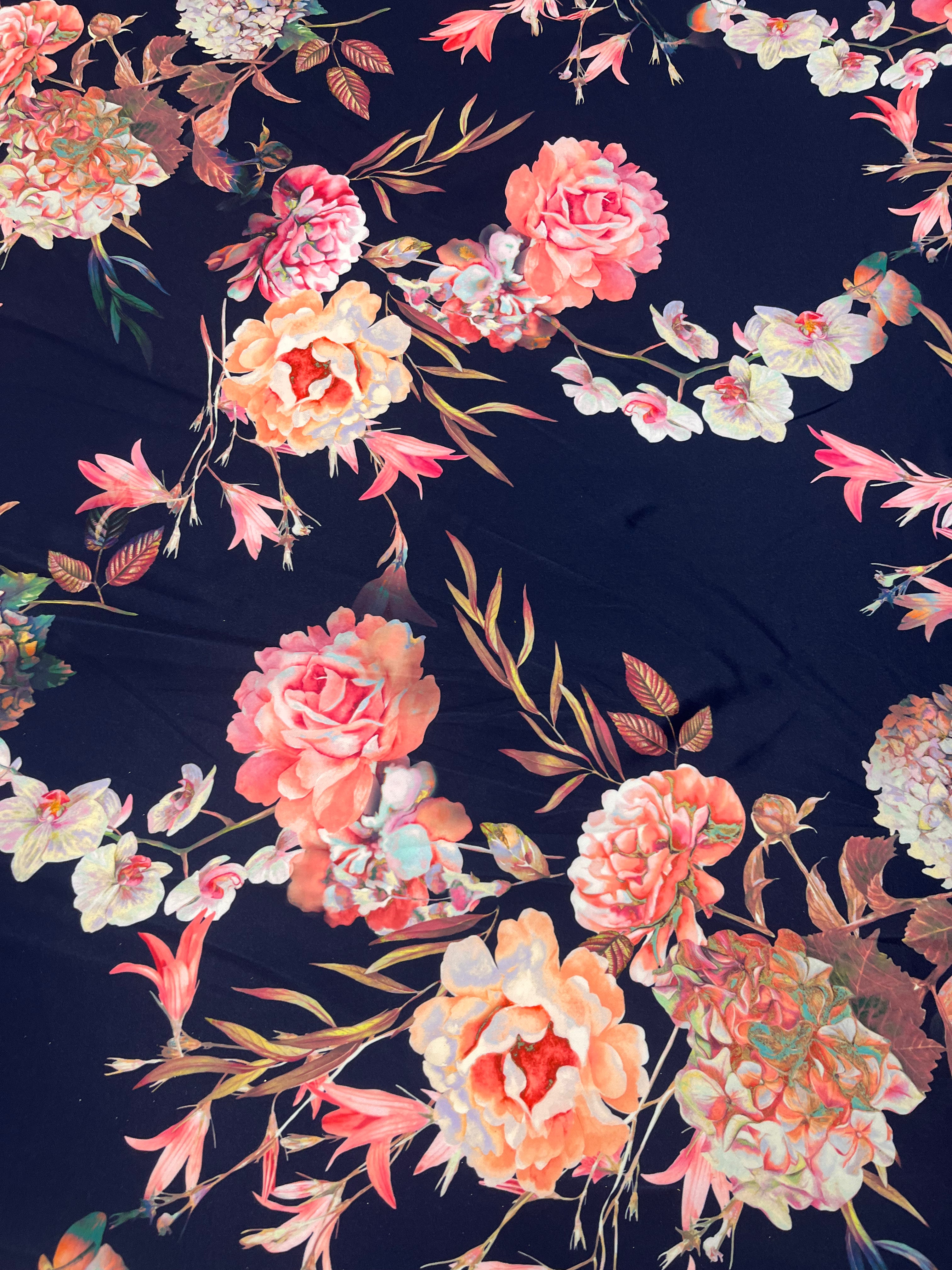 Dressmaking & Jersey Fabric – Navy Floral Stretch Fabric with Coral & Blush Blooms – 151cm