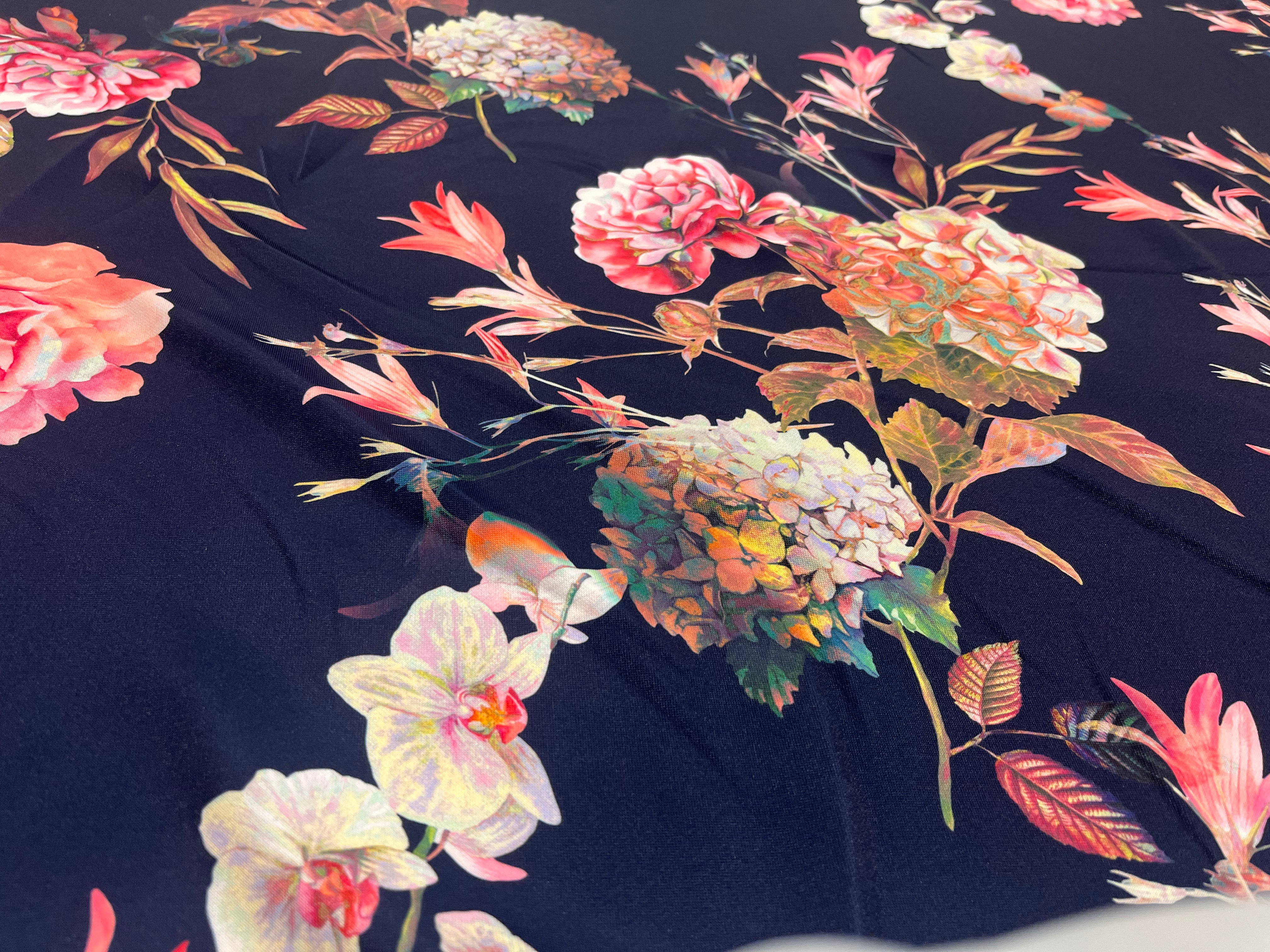 Dressmaking & Jersey Fabric – Navy Floral Stretch Fabric with Coral & Blush Blooms – 151cm