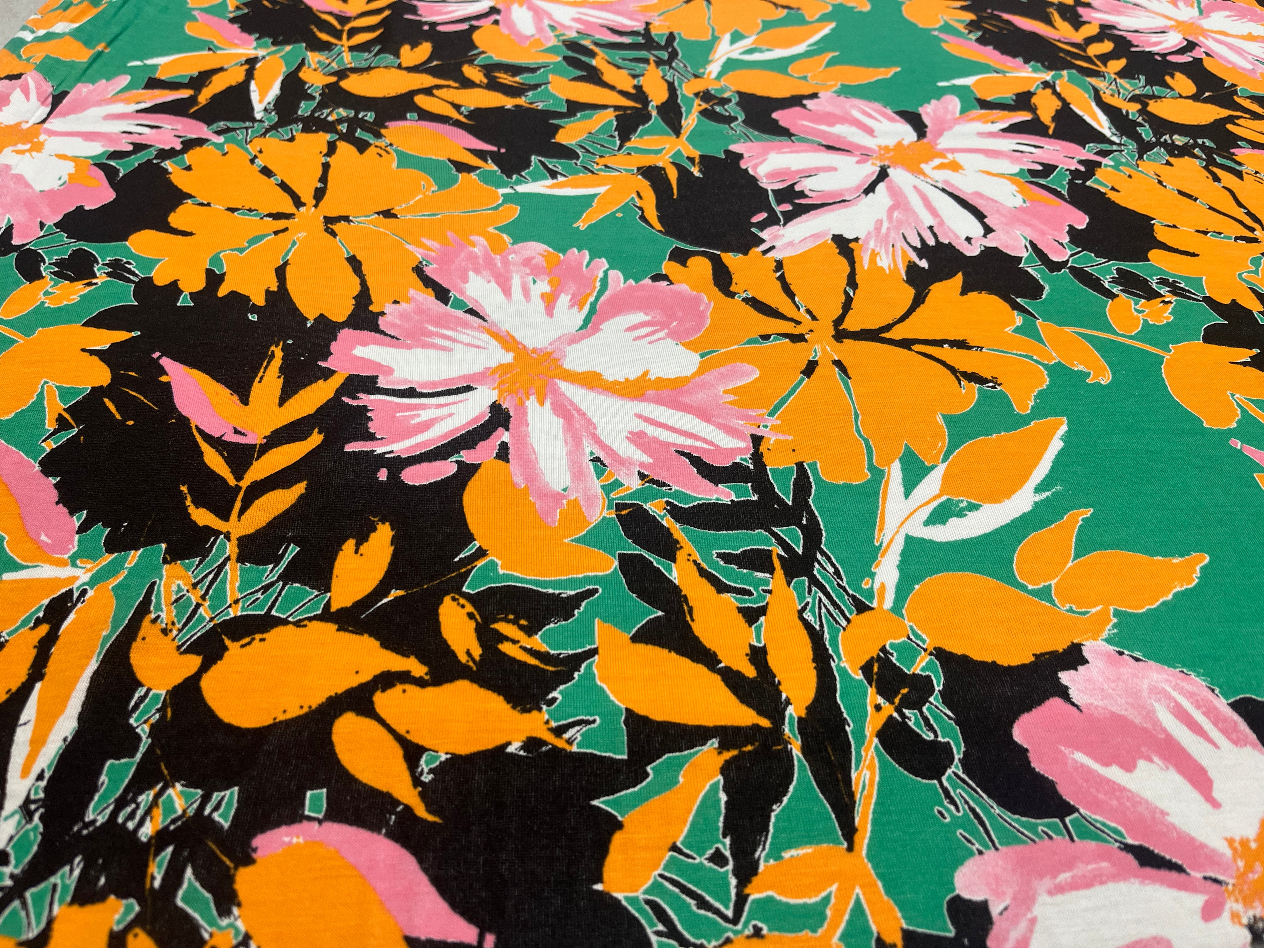 Green Floral Spun Polyester Jersey Fabric with Pink & Mustard Flowers 145cm