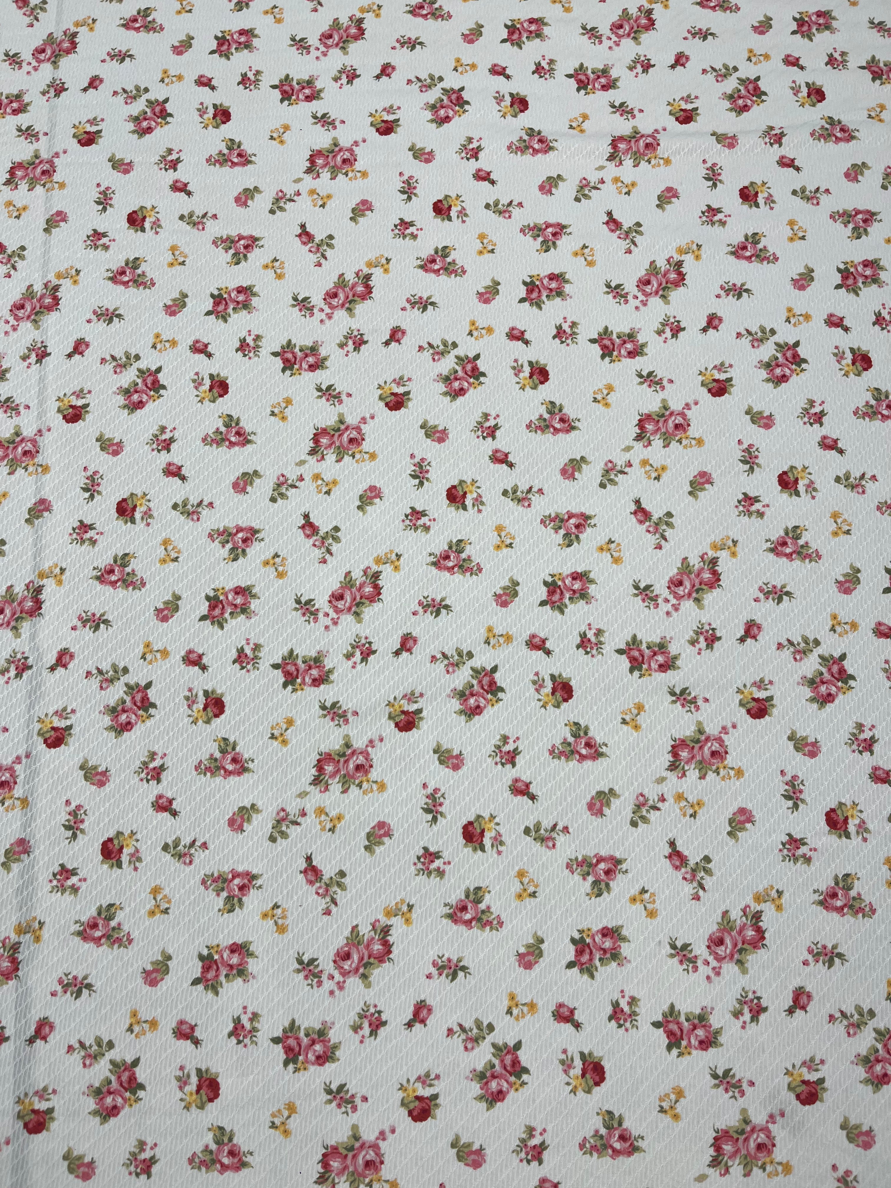 Dressmaking & Blouse Fabric – White Textured Floral with Small Pink Rose Print, 151cm