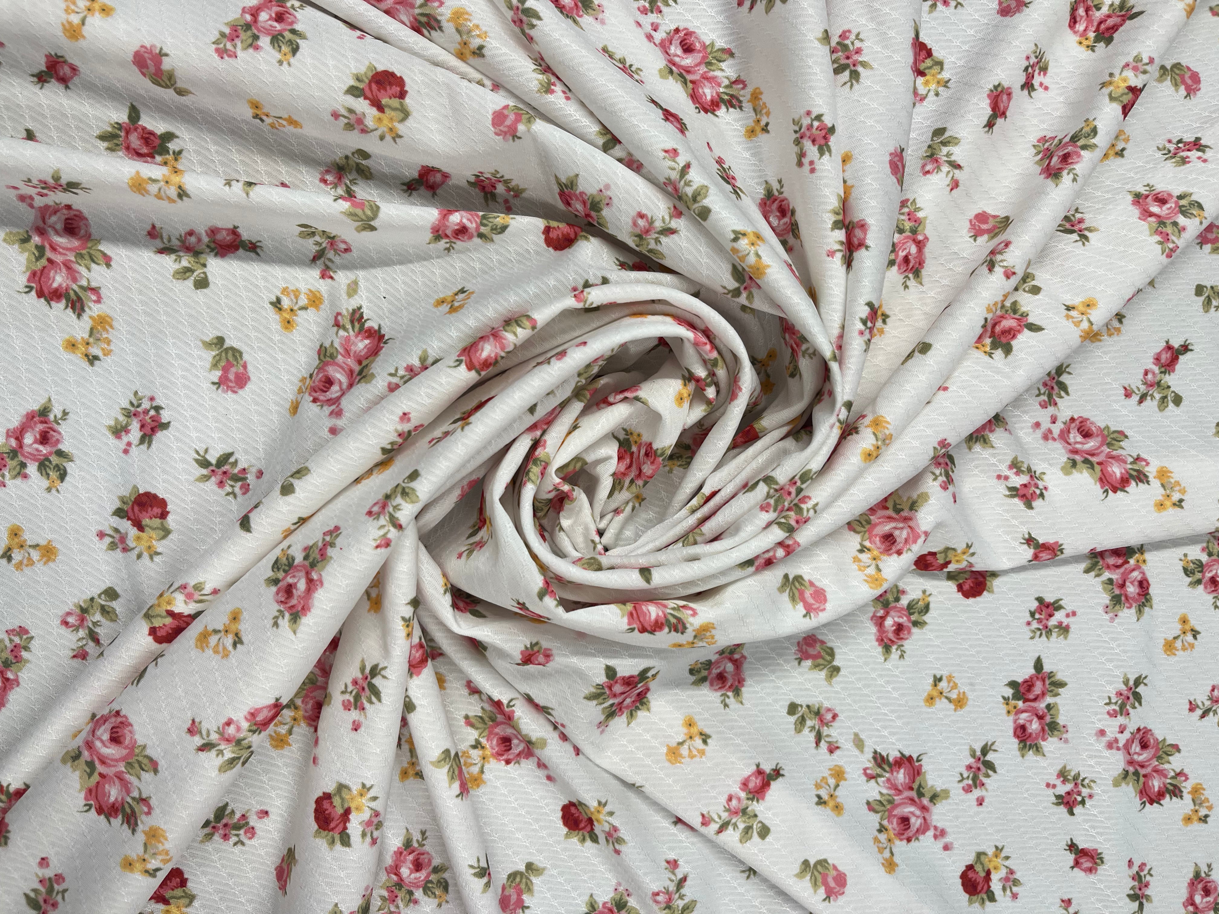 Dressmaking & Blouse Fabric – White Textured Floral with Small Pink Rose Print, 151cm