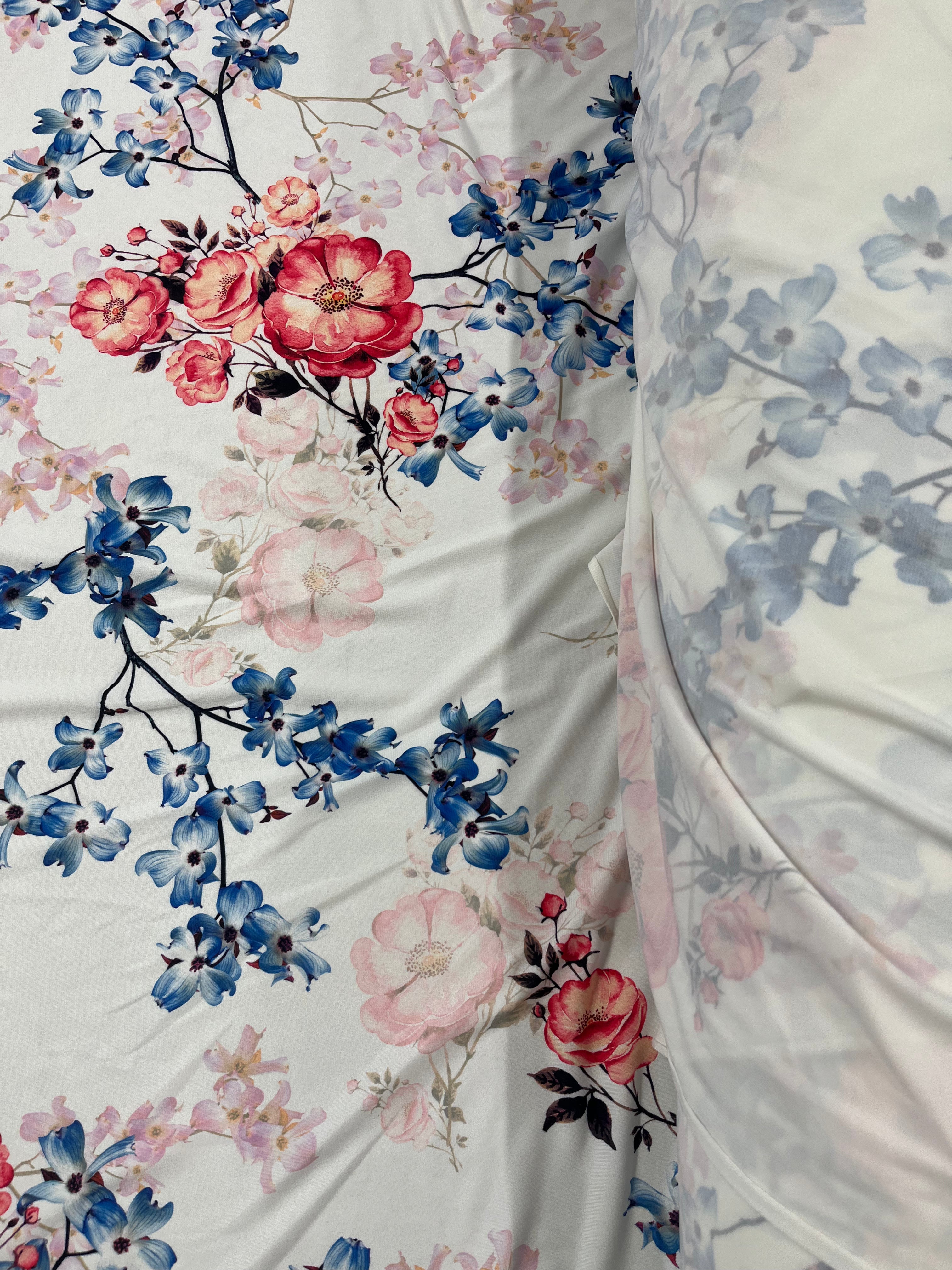 Dressmaking & Jersey Tops Fabric – White Floral Stretch Knit with Blue, Pink & Red Blossoms – 150cm
