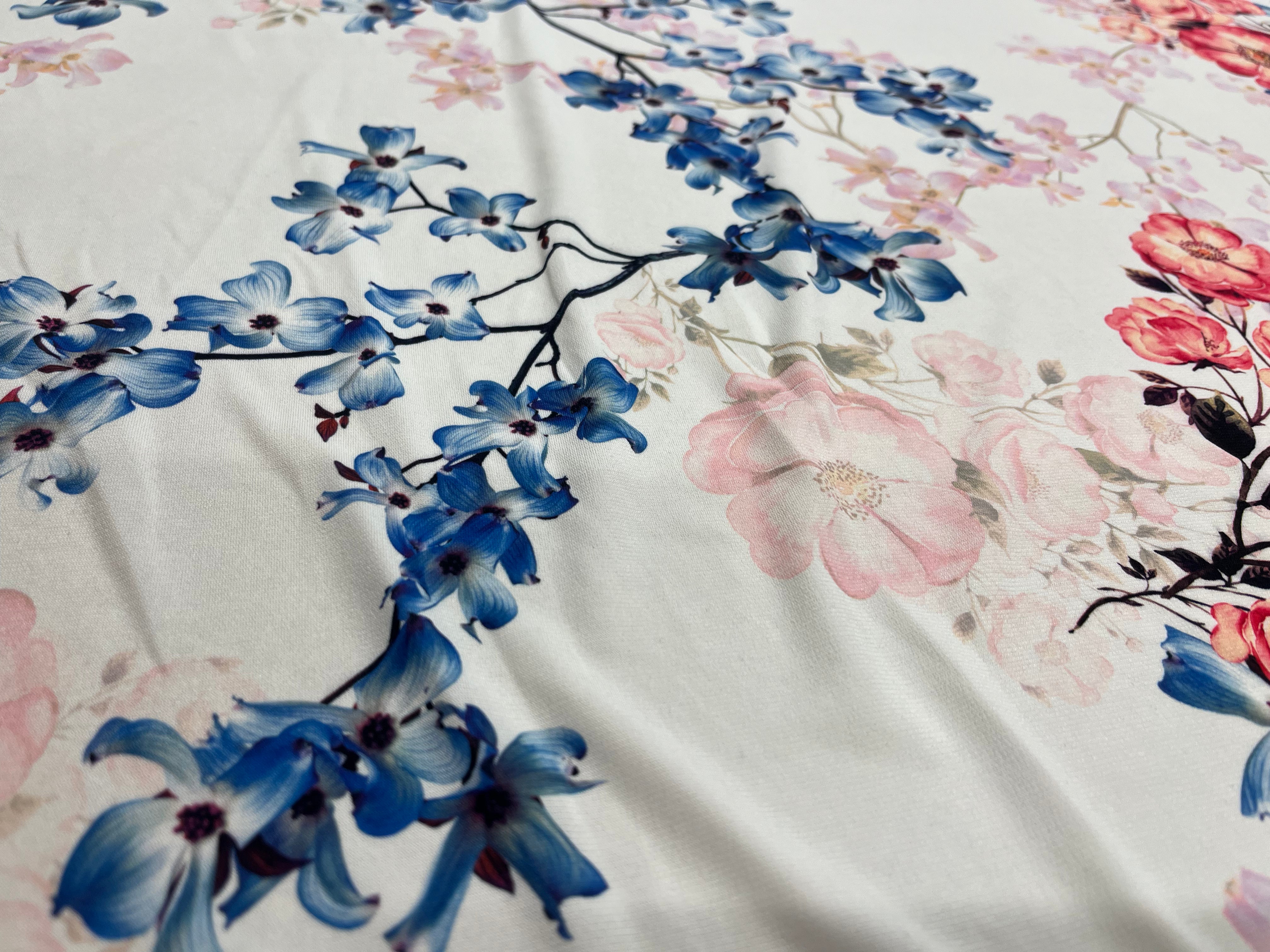 Dressmaking & Jersey Tops Fabric – White Floral Stretch Knit with Blue, Pink & Red Blossoms – 150cm