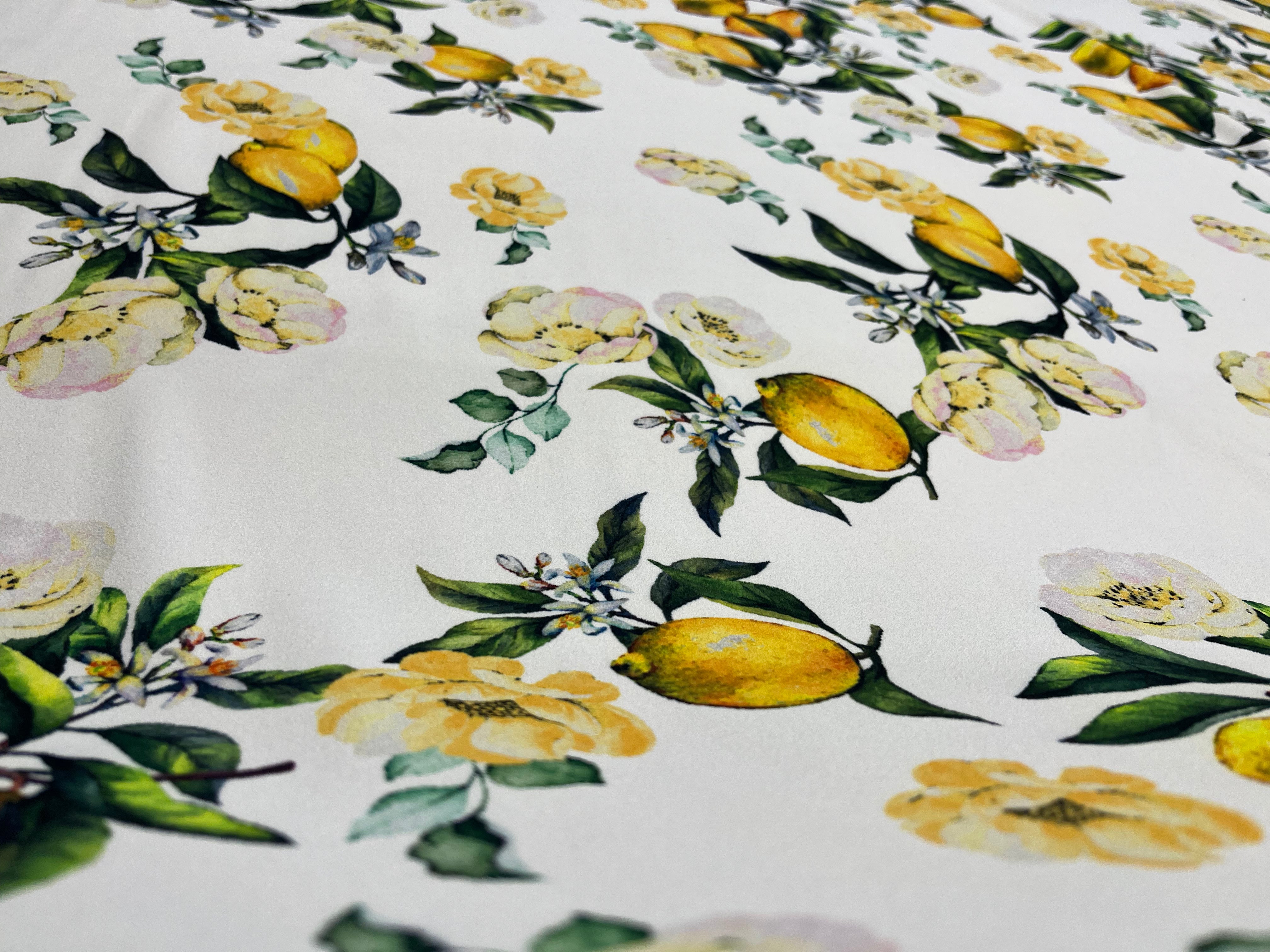 Dressmaking & Jersey Tops Fabric – White Lemon Print Stretch Knit with Yellow Fruit & Floral – 150cm