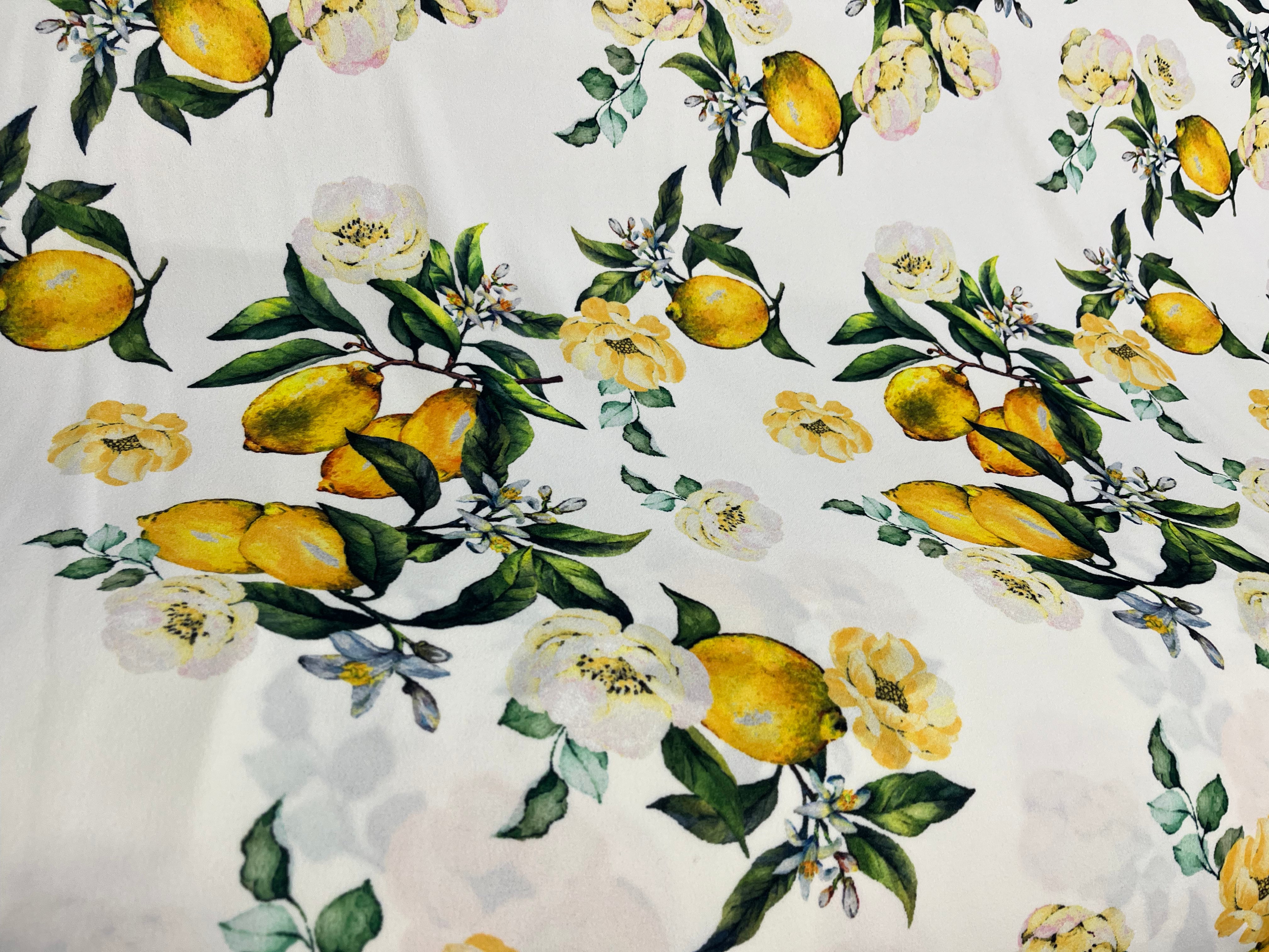 Dressmaking & Jersey Tops Fabric – White Lemon Print Stretch Knit with Yellow Fruit & Floral – 150cm