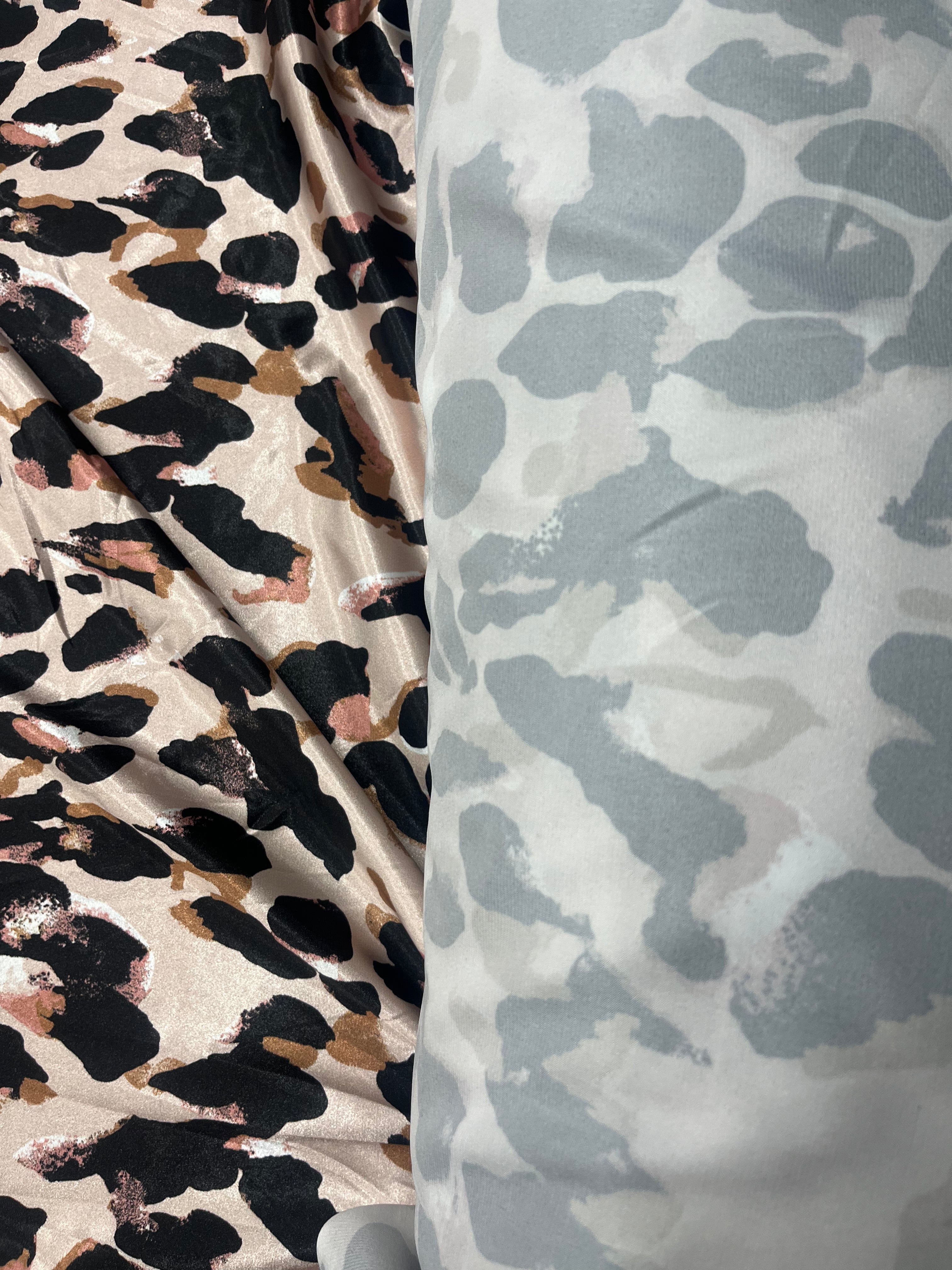 Two fabric swatches with leopard print pattern on a white background