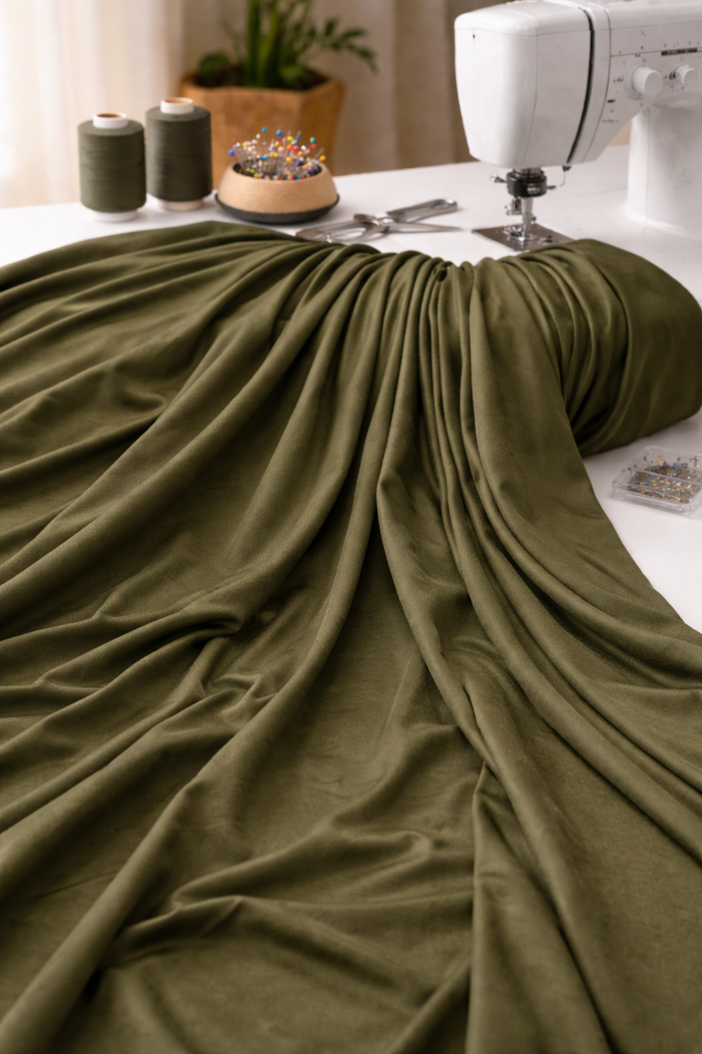 Olive Green Stretch Viscose Fabric – Solid Khaki Viscose Material for Dresses, Activewear & Apparel - 140cm Wide