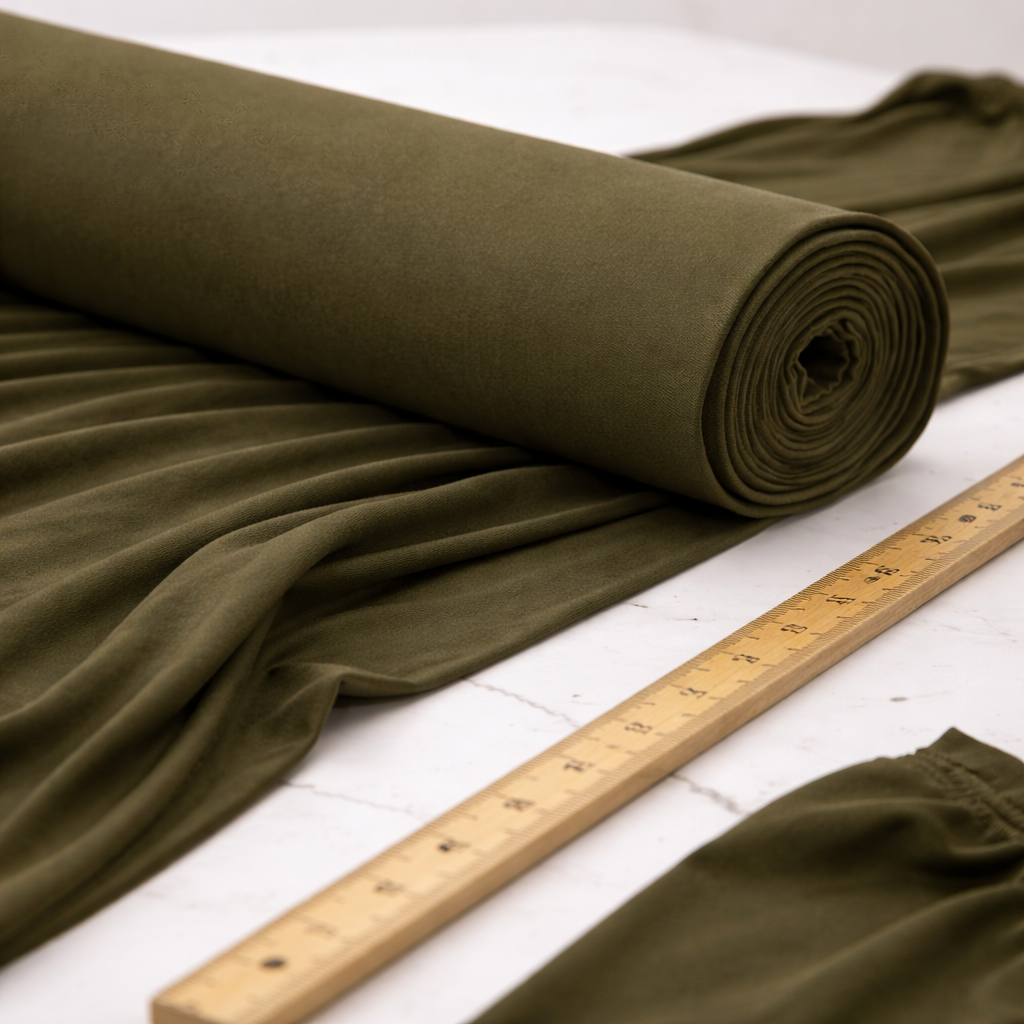 Olive Green Stretch Viscose Fabric – Solid Khaki Viscose Material for Dresses, Activewear & Apparel - 140cm Wide