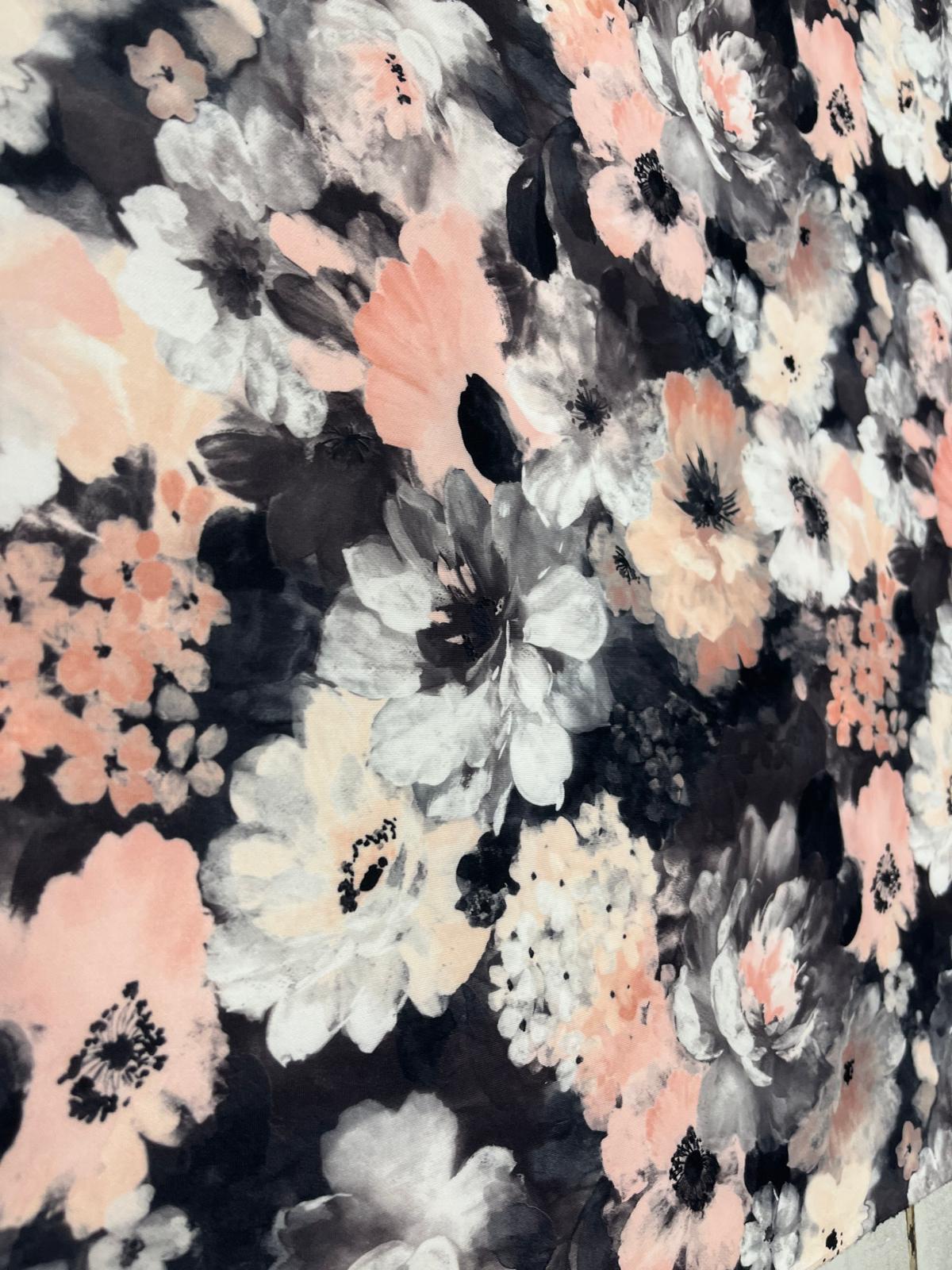 Structured Stretch Fabric for Dresses & Peplums – Blush Grey Floral Scuba, 160cm Wide