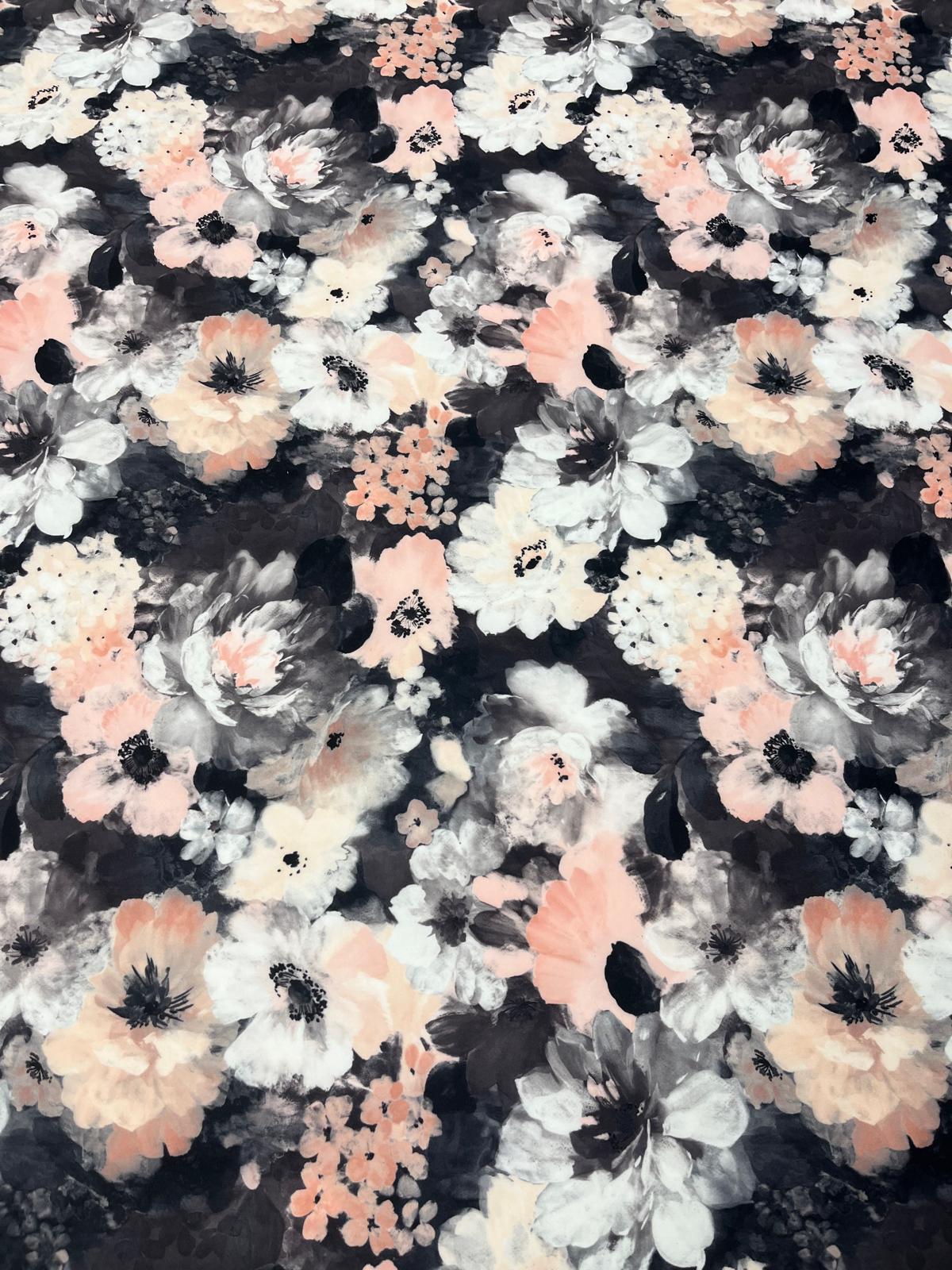 Structured Stretch Fabric for Dresses & Peplums – Blush Grey Floral Scuba, 160cm Wide