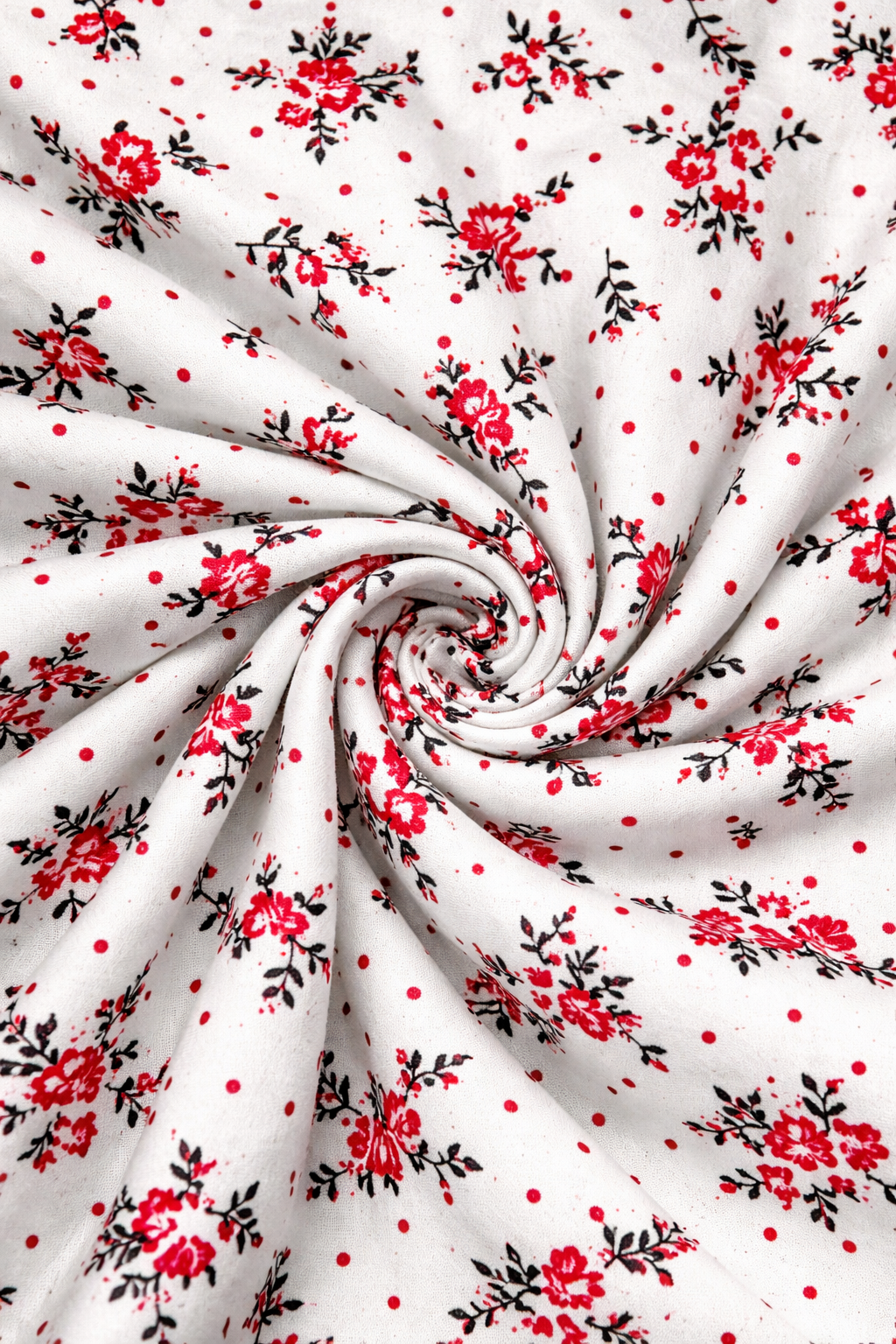 Cream Floral Spun Polyester Jersey Fabric – Red Roses & Polka Dots 152cm