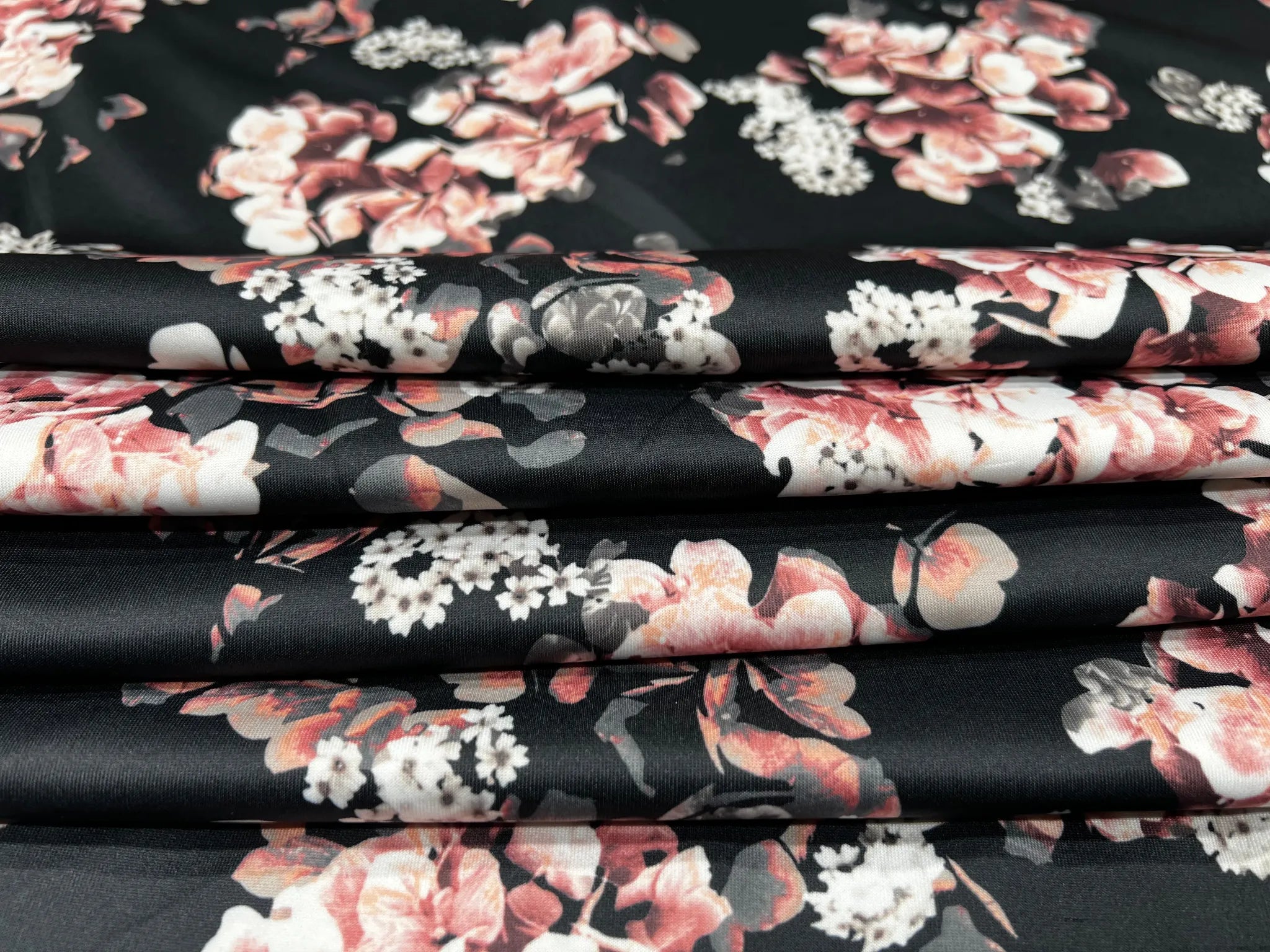 Floral black scuba stretch knit fabric for creative projects