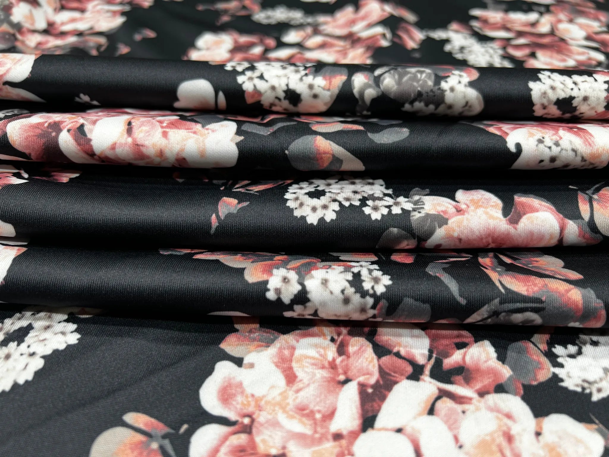 Black Scuba Stretch Knit Fabric - Dusty Rose Floral Print 150cm