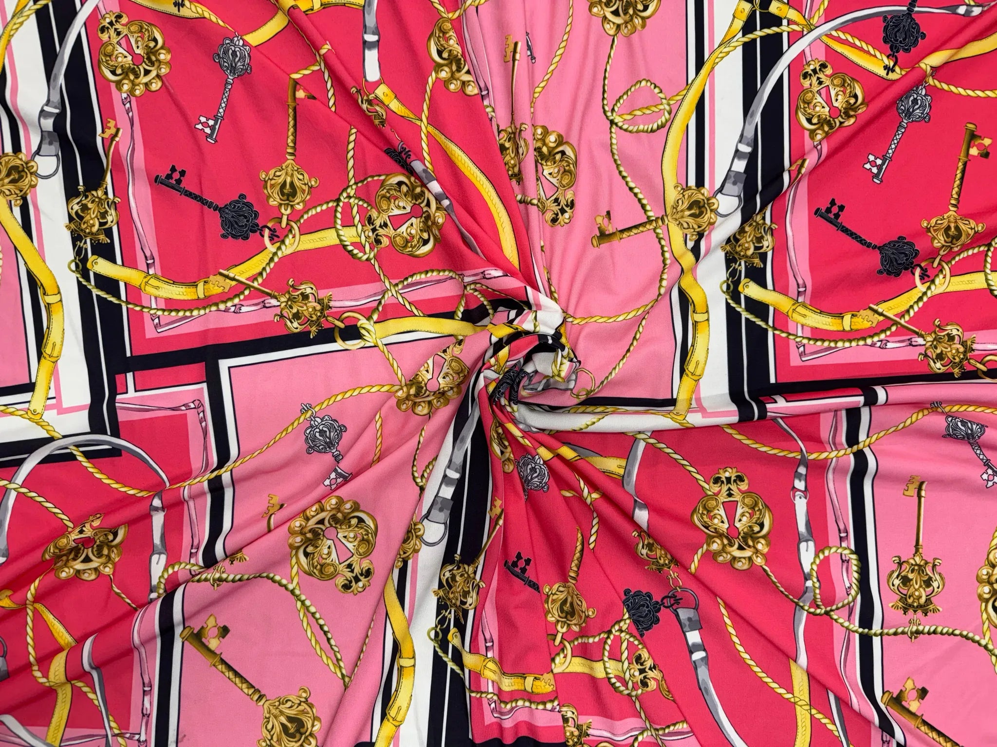 Luxe Pink Red Gold Chain Key Print Stretch Fabric swatch