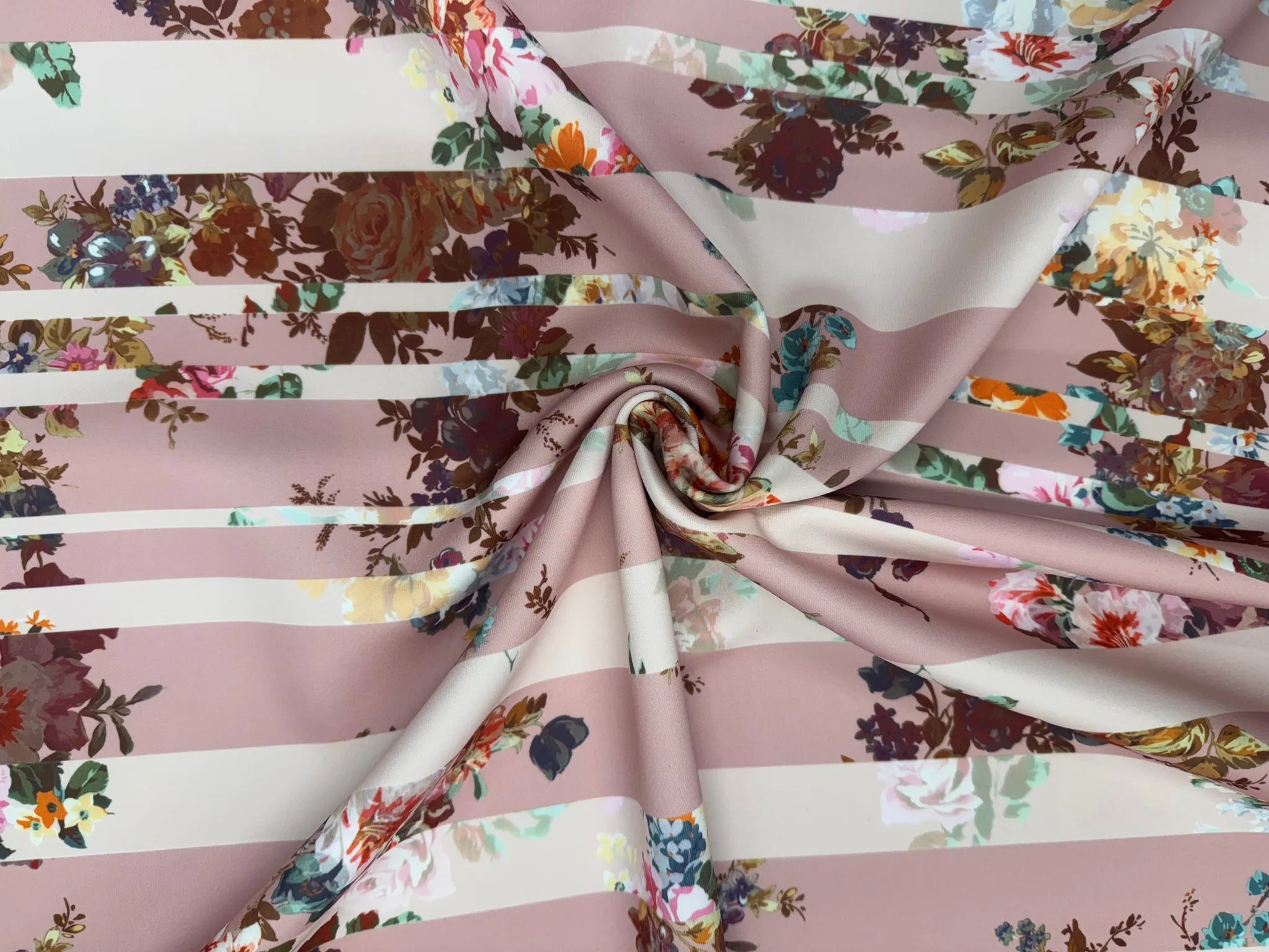 Dusty pink floral stripe scuba fabric swatch