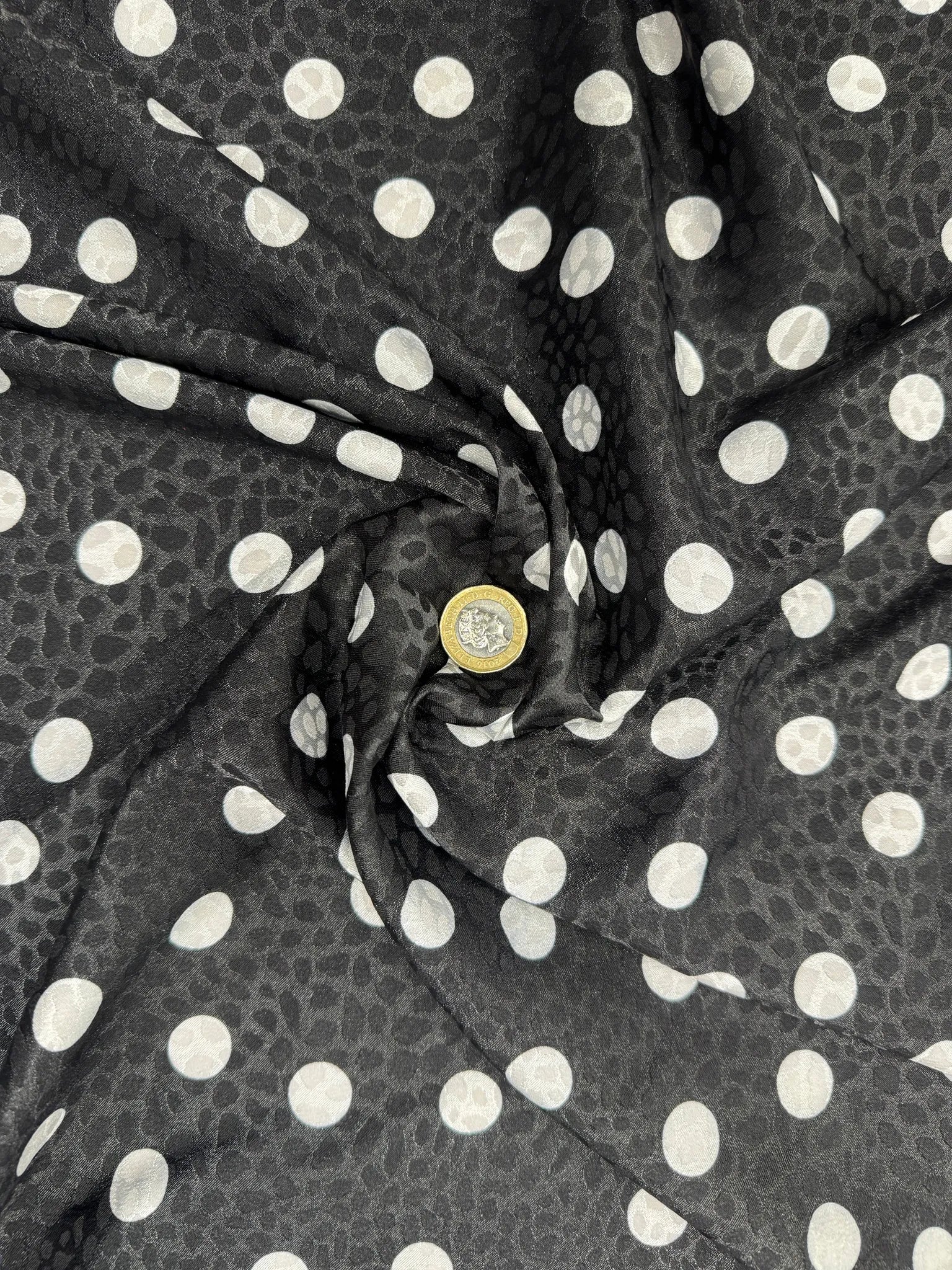 Luxury black and white polka dot satin fabric with embossed texture