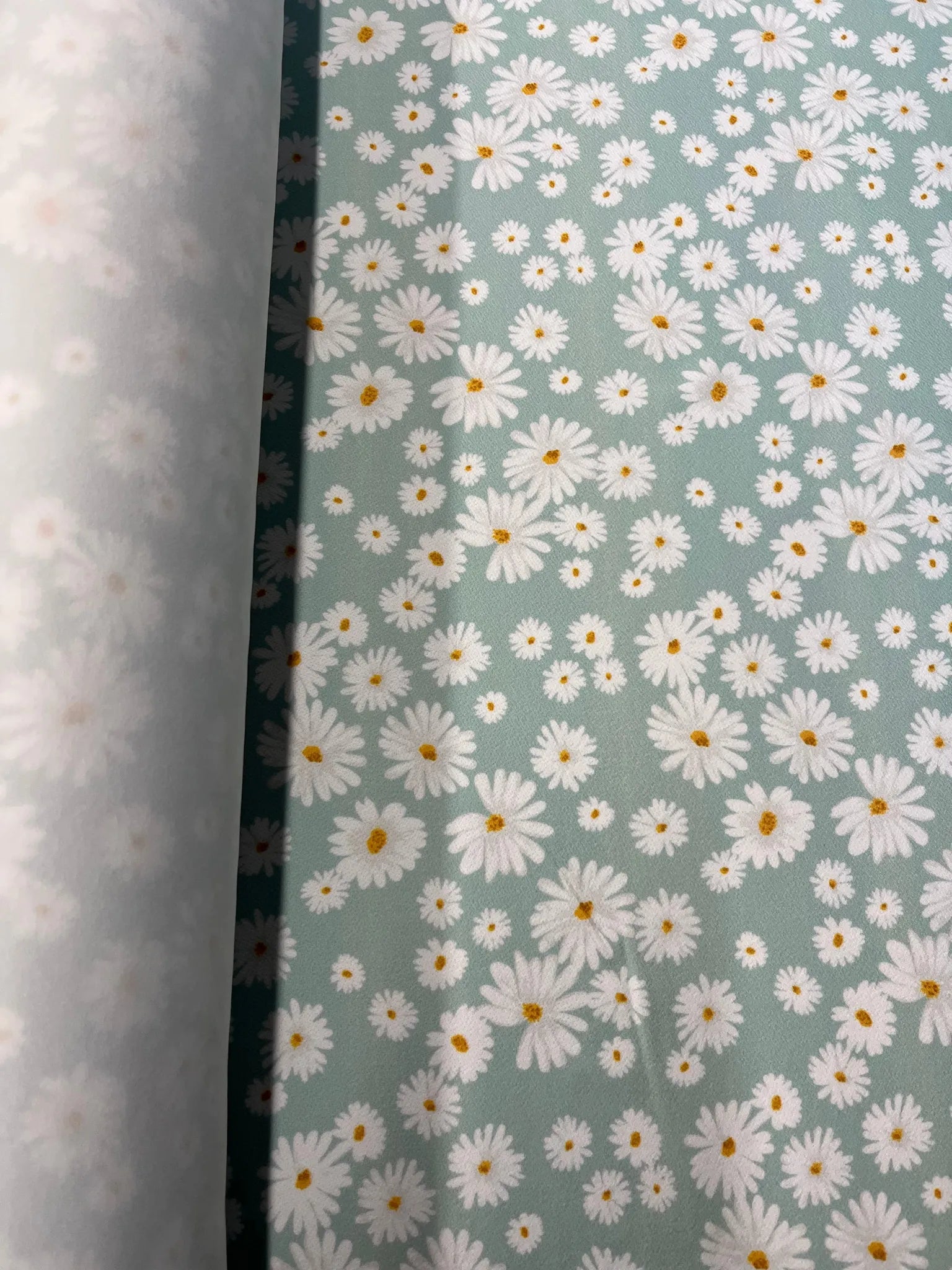 Close-up of Mint Green Daisy Floral Fabric Texture