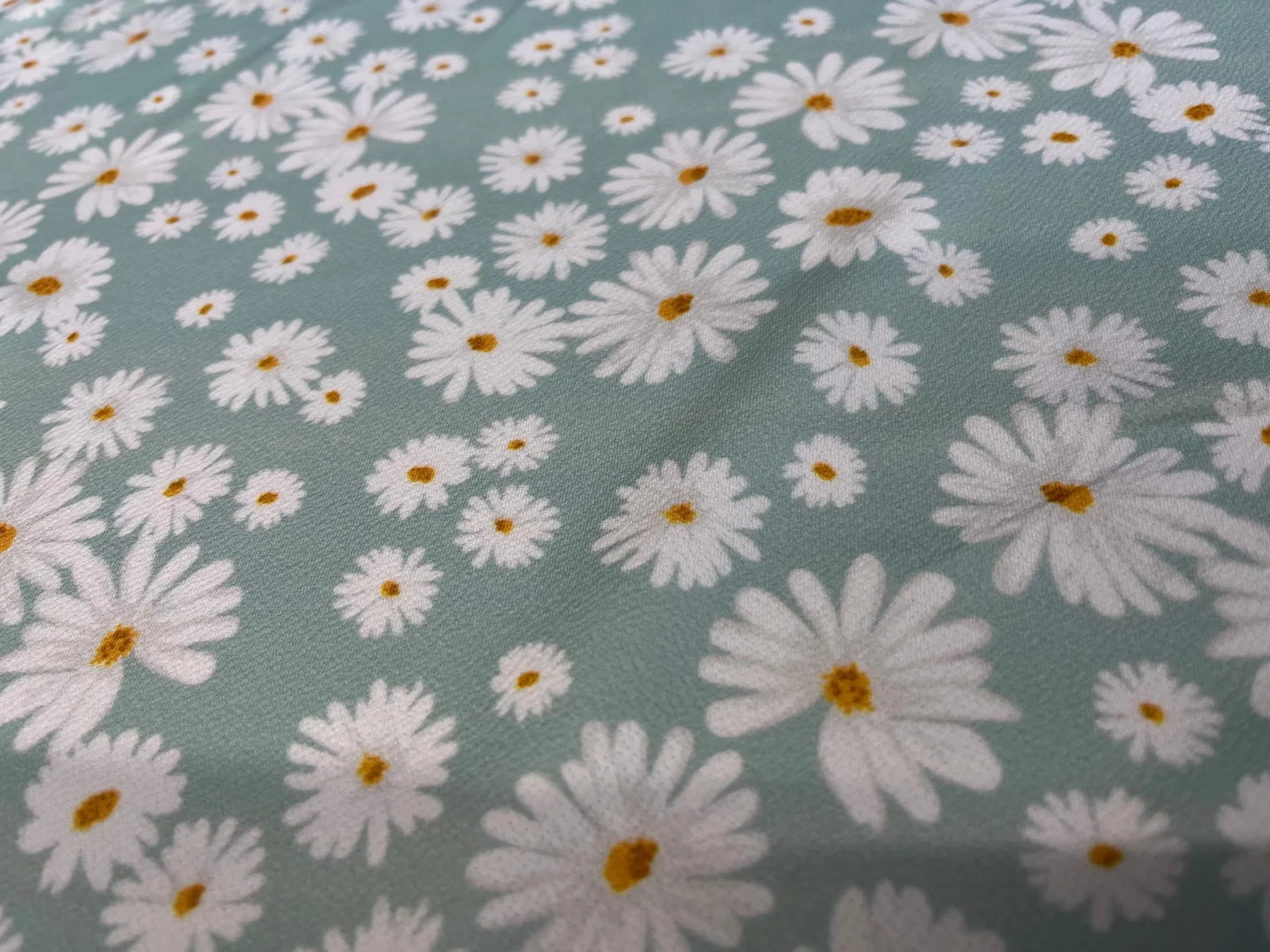 Mint Green Daisy Fabric with White Flowers and Yellow Centers