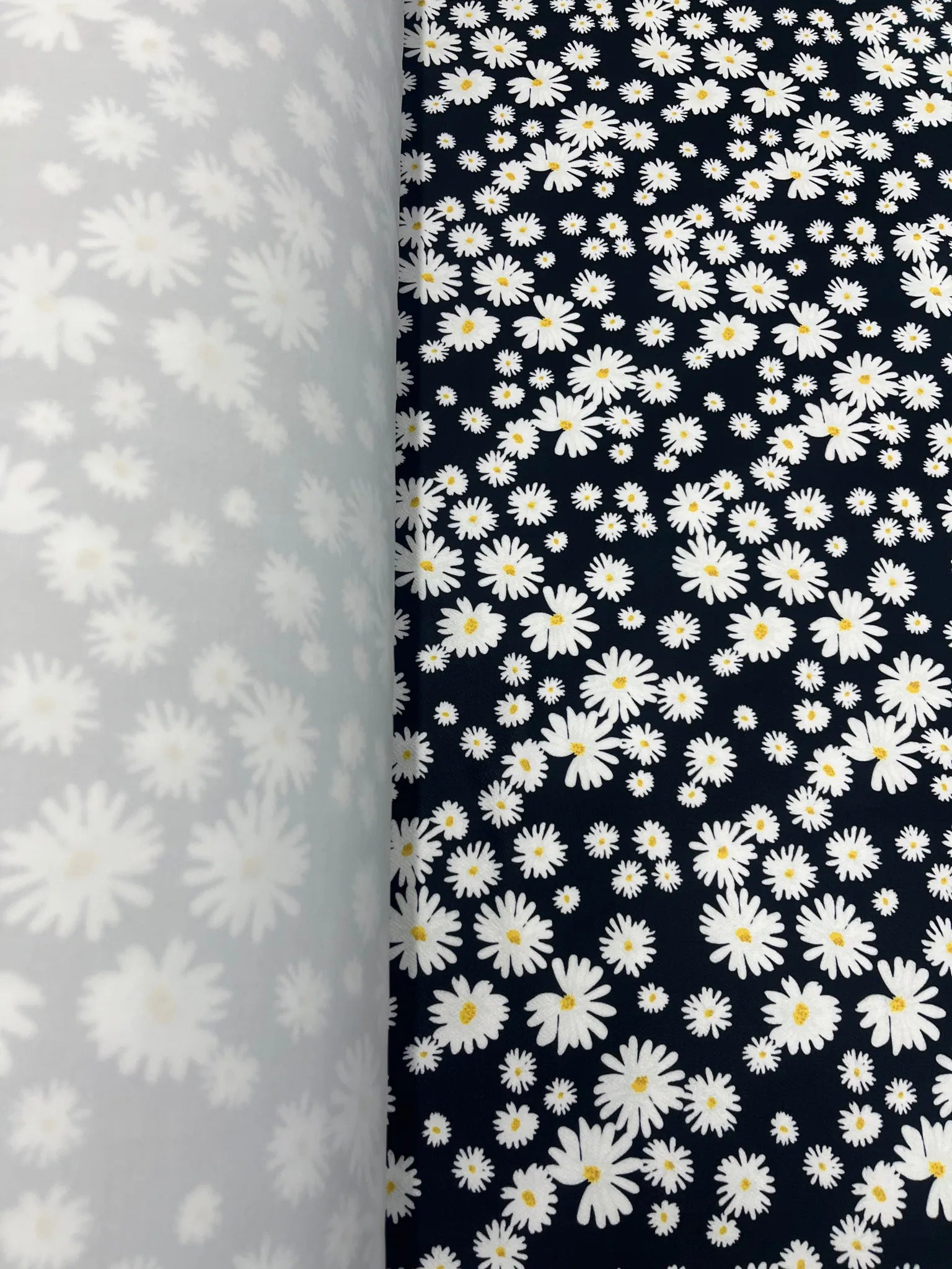 Close-up of Black Daisy Floral Liverpool fabric texture