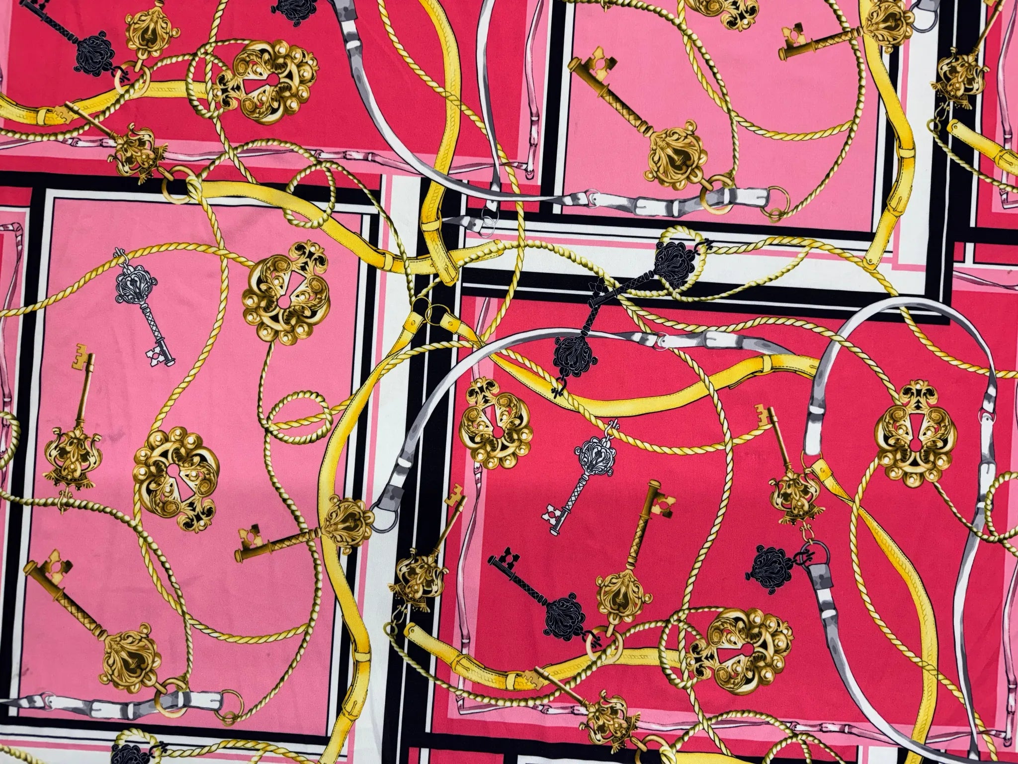 Fashion projects using Luxe Pink Red Gold Chain Key Fabric