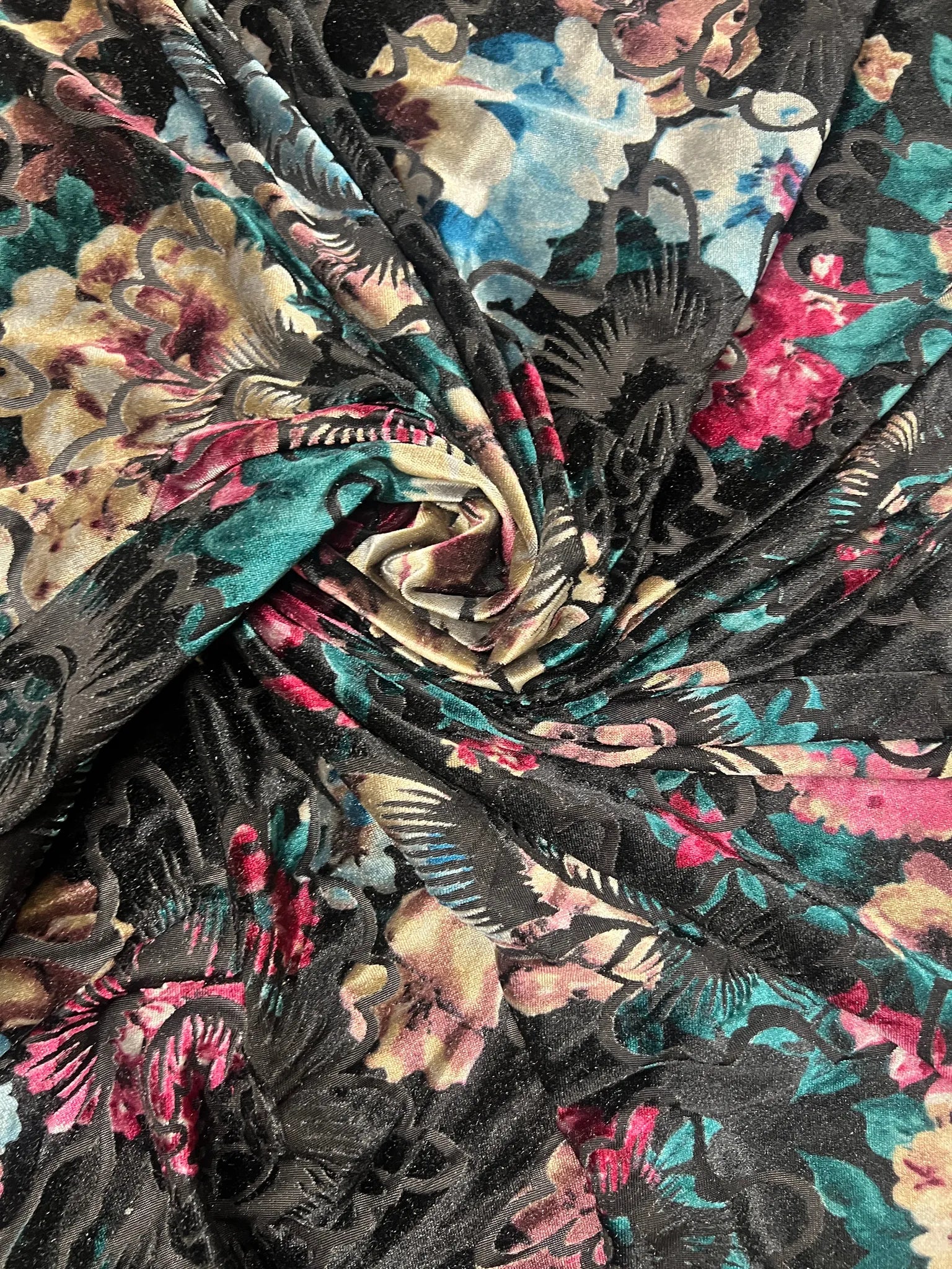 Luxurious black floral embossed velvet fabric sample